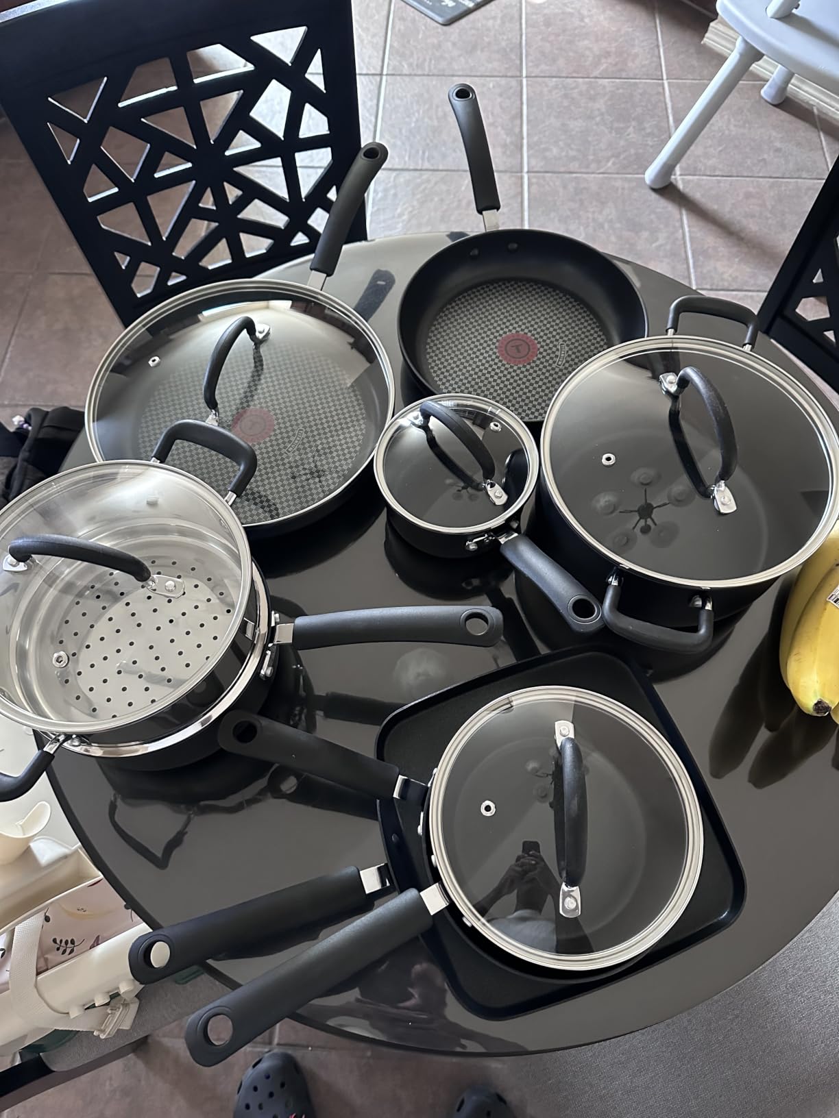T-fal Ultimate Hard Anodized Nonstick Pots and Pans Set, 14-Piece, Onyx | Titanium nonstick coating, Thermo-Spot heat indicator, Oven safe to 400F, Dishwasher safe, All stovetops except induction customer photo 1