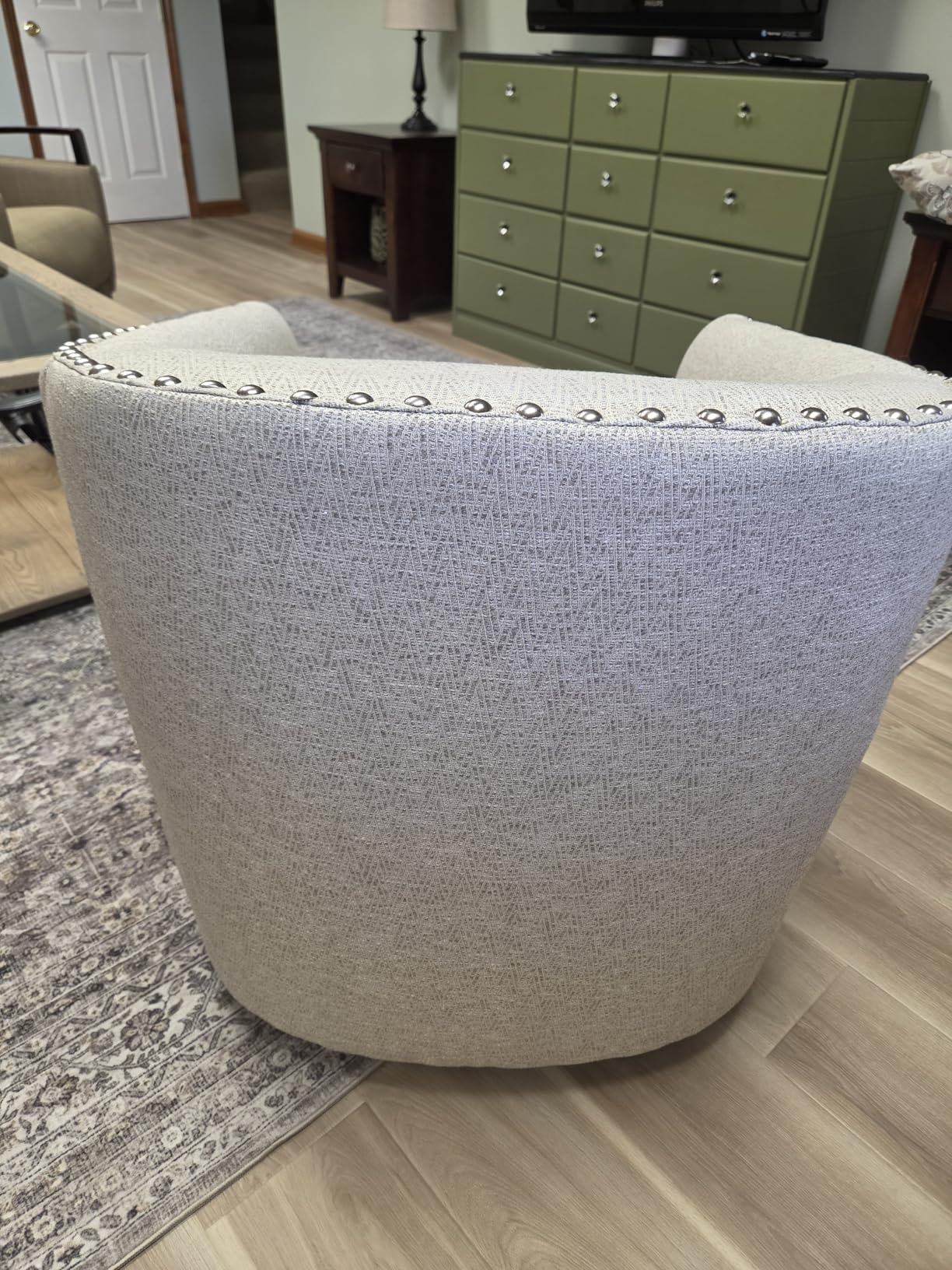 Madison Park Swivel Barrel Accent Chair, Upholstered Curved Back with 7-Inch Thick Woven Cushion, 360 Degree Swivel, Nailhead Trim, Comfy Chair for Living Room, Bedroom, Office, 28