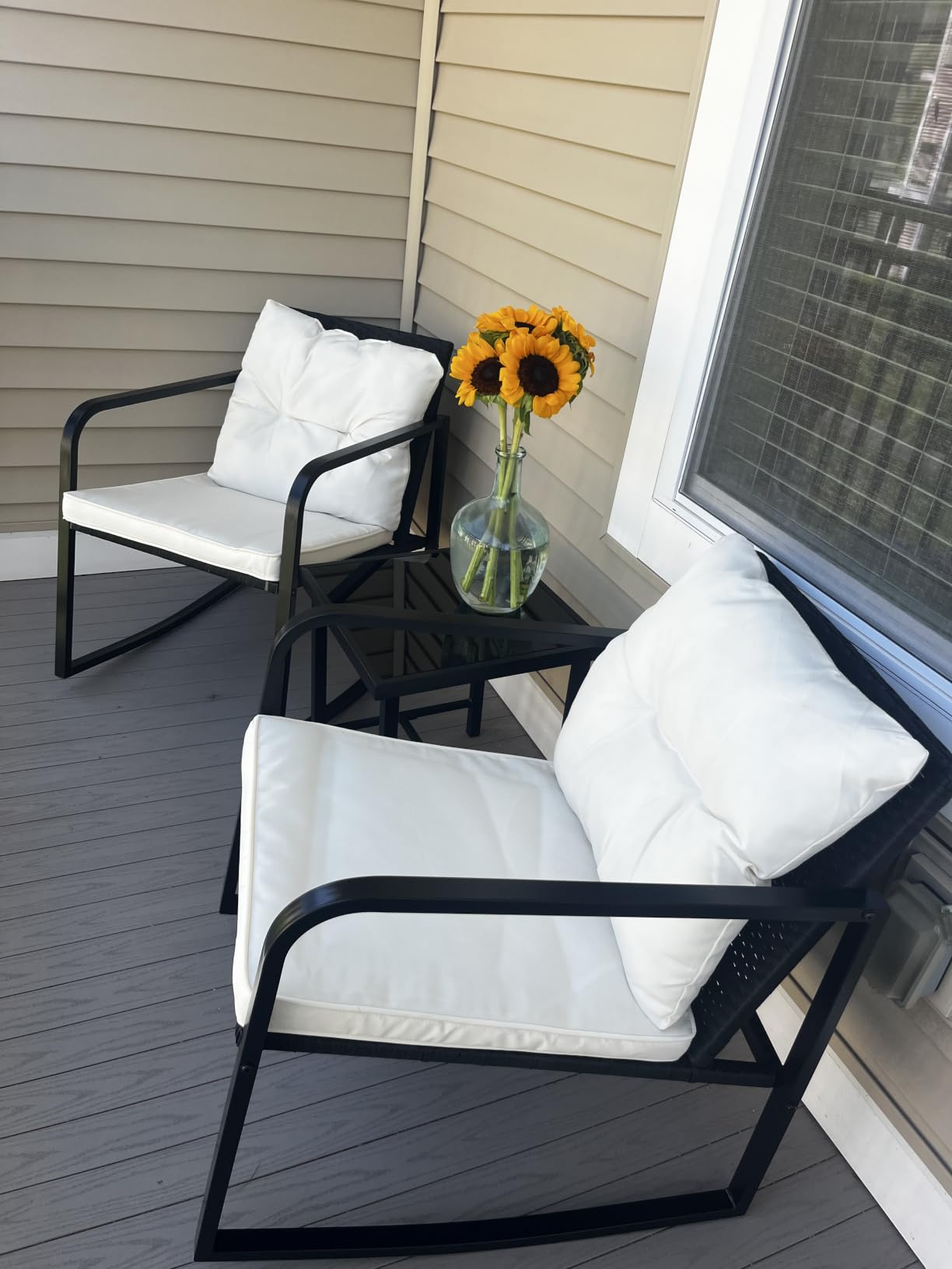 Devoko 3 Pieces Patio Furniture Set Wicker Outdoor Rocking Bistro Chair, PE Rattan Patio Conversation Sets with Glass Coffee Table for Porch, Balcony, Garden, Poolside (Beige) customer photo 1