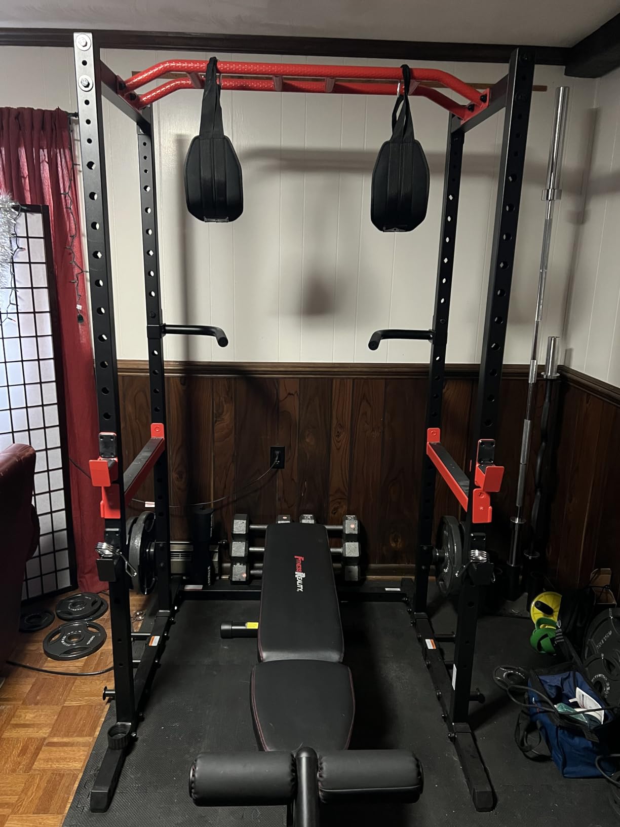 Sunny Health & Fitness Power Zone Strength Rack Power Cage - 1000 LB Weight Capacity, Spotter Bar, Angled Pull-Up Bar, J-Hooks customer photo 1