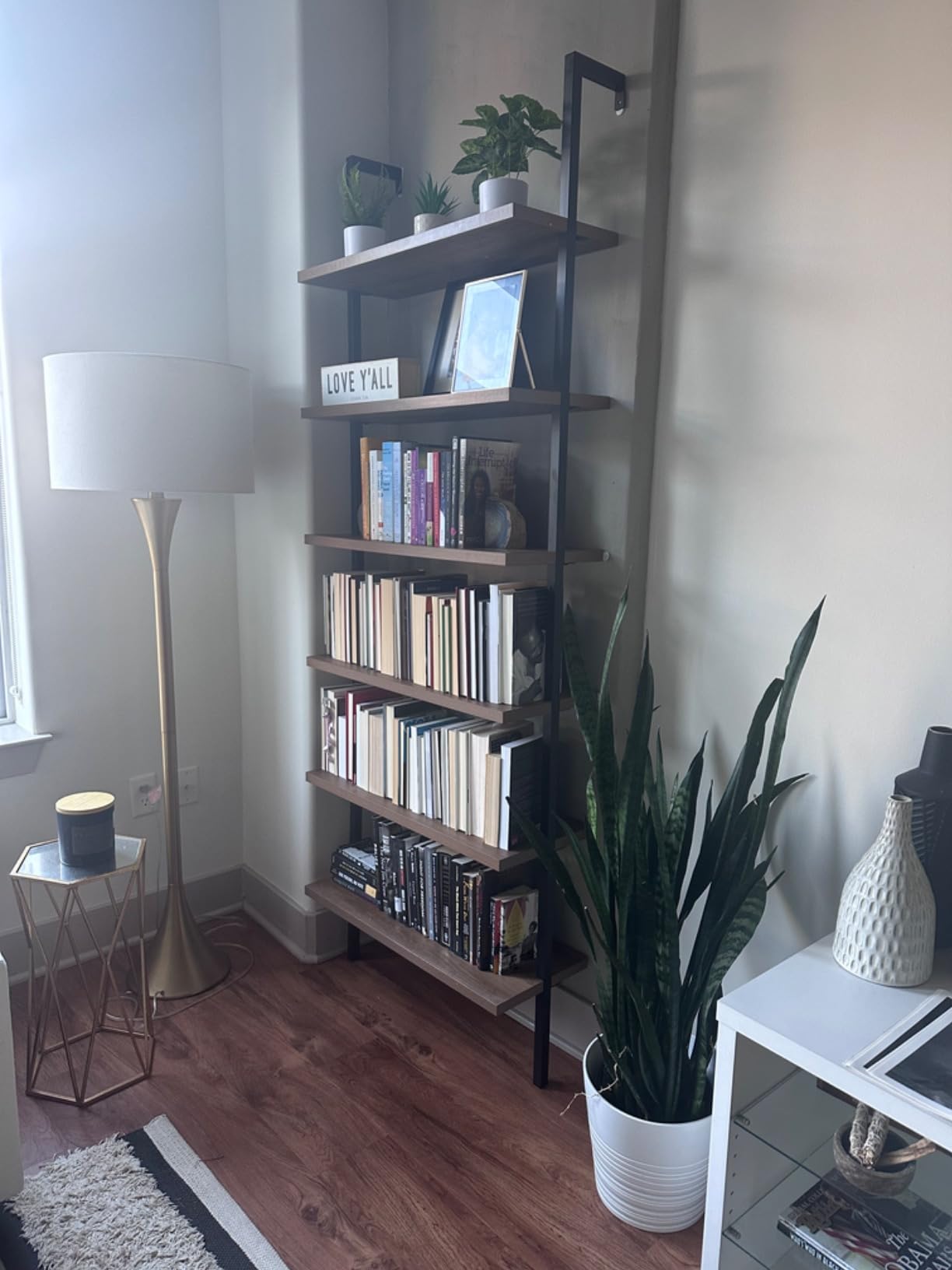 Nathan James Theo 6-Shelf Tall Modern Bookshelf, Wall Mount Ladder Shelf Bookcase with Wood and Industrial Metal Frame, Matte White customer photo 2
