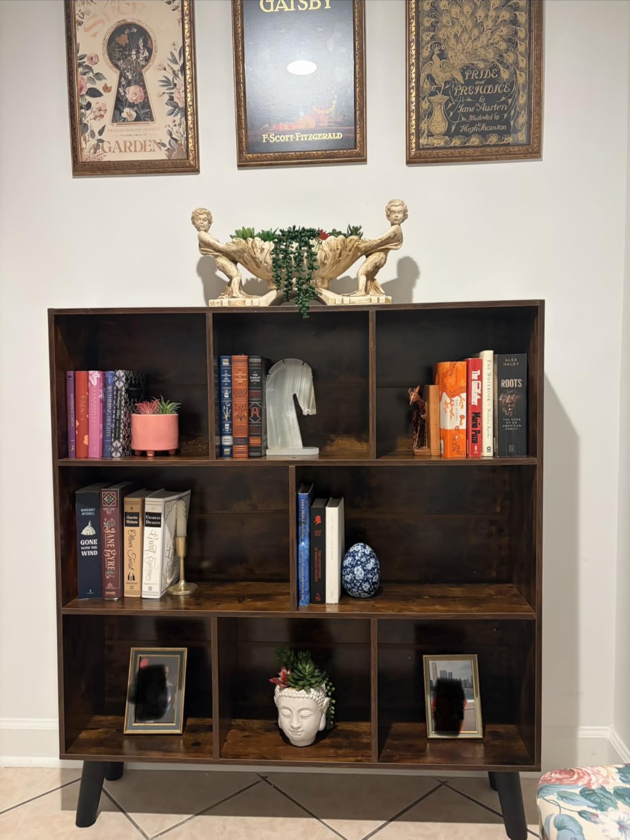 LEYAOYAO Cube Bookshelf 3 Tier Mid-Century Rustic Brown Modern Bookcase with Legs,Retro Wood Bookshelves Storage Organizer Shelf,Freestanding Open Book Shelves for Bedroom,Living Room,Office customer photo 1