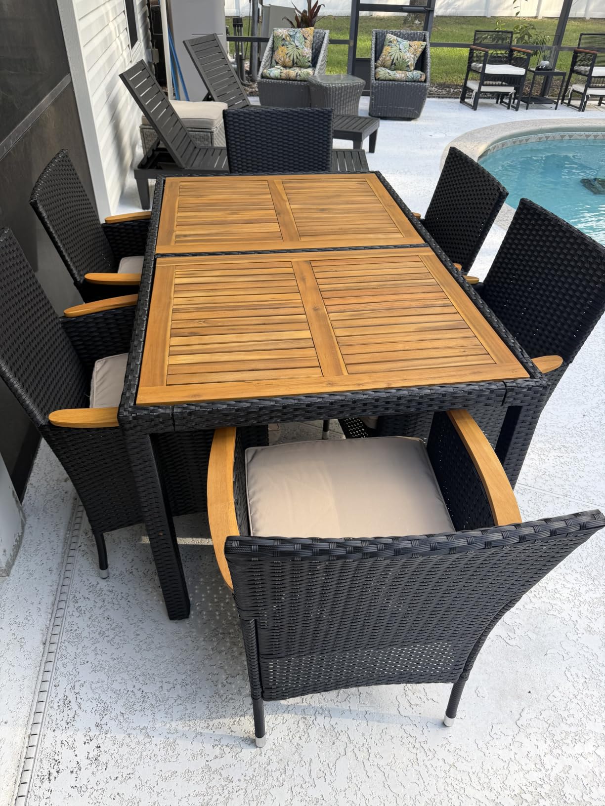 Devoko 7 PCS Acacia Wood Patio Dining Set, Black Rattan customer photo 1