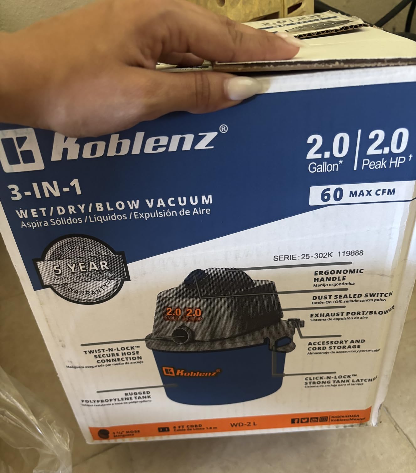 Koblenz WD-2L Wet Dry Vacuum Cleaner, Home Car Garage Workshop, 2.0 PHP | 60 CFM, 10 Ft Reach, Twist-N-Lock Hose, Small Shop Vac, Portable Shop Vac for Home Car Garage Workshop, Accessories Included customer photo 2