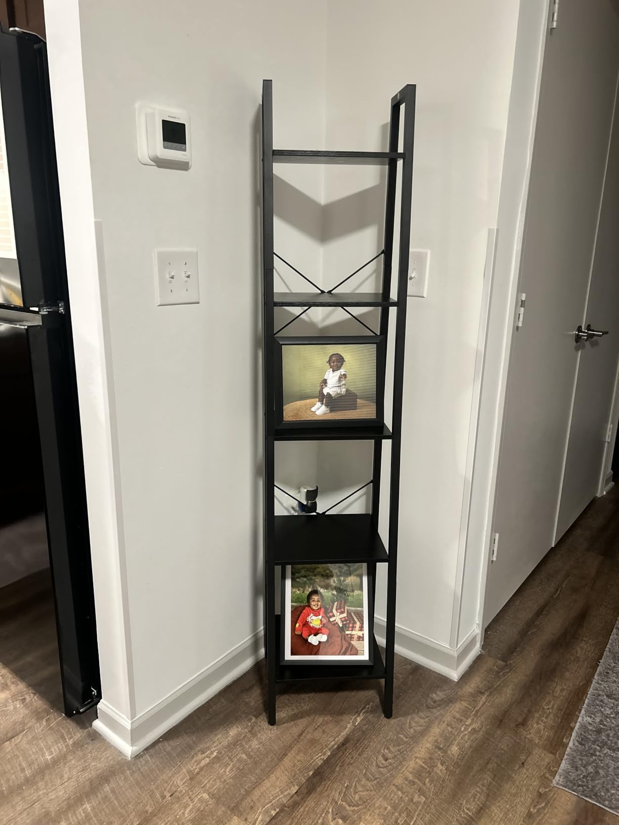 Hzuaneri Ladder Shelf, Bookshelf Bookcase, Freestanding Corner Storage Shelve with 2 Hooks for Home Office, Living Room, Kitchen, Bedroom, Industrial, 11.8