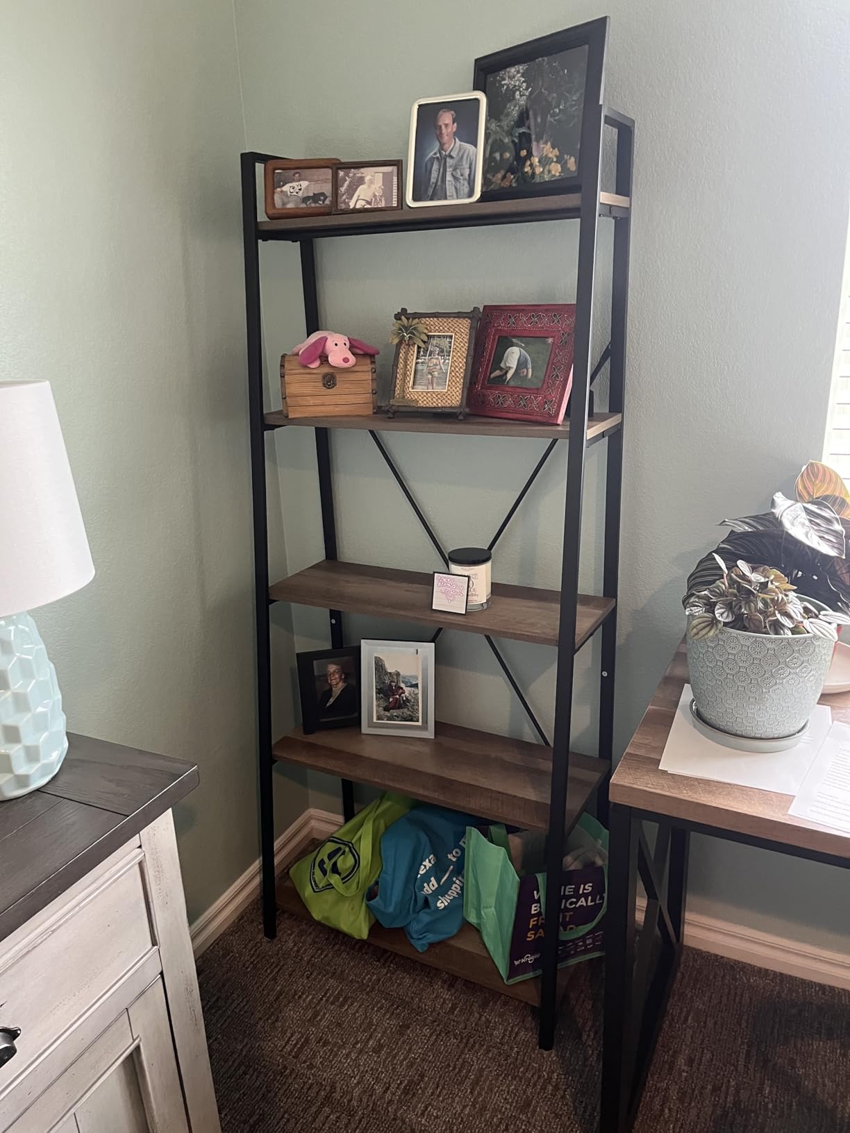 BON AUGURE Ladder Shelf Bookcase, 5-Tier Industrial Ladder Bookshelf, Tall Living Room Shelves, Wood and Metal Leaning Shelf for Home Office, Kitchen, Bedroom, Balcony (Rustic Oak) customer photo 1