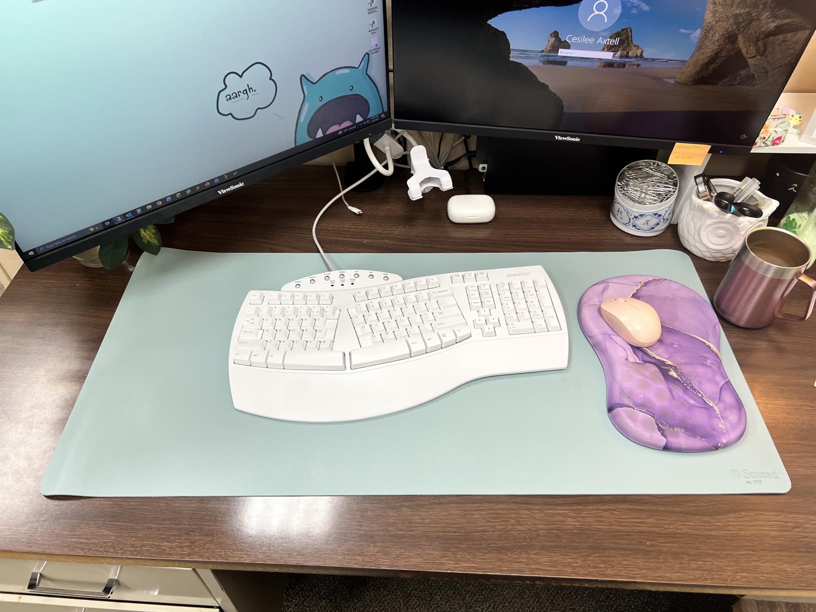 Smead Vegan Leather Desk Pad Mat, Office Desk Mat, Large, Sandstone Beige | Waterproof desk pad protector, writing mat and desk blotter. Non-slip suede grips under a keyboard, mouse and monitor. customer photo 2