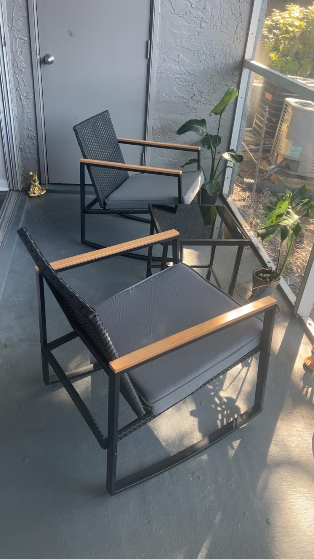 Gizoon 3 Pieces Rocking Patio Bistro Set with Anti-Scald Armrest, Outdoor Patio Wicker Furniture Set with Glass Table and Cushion for Garden, Yard, Porch customer photo 1