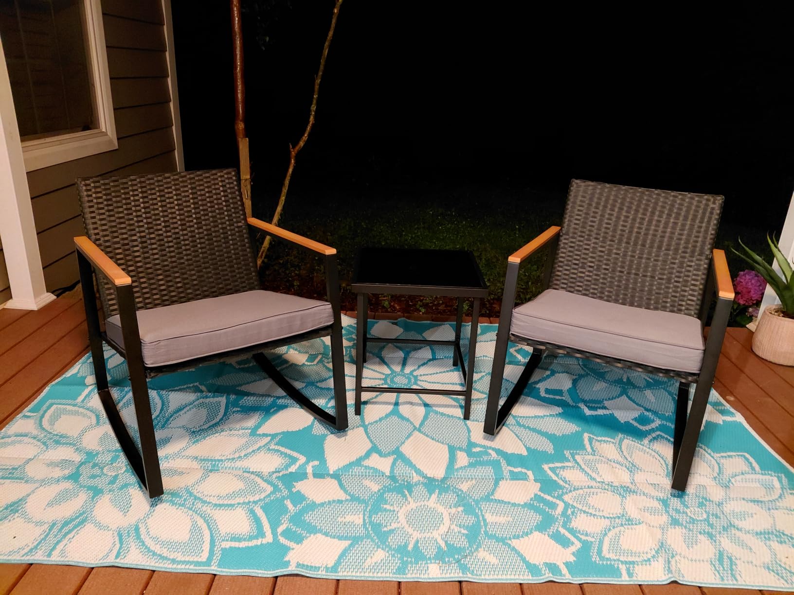 Gizoon 3 Pieces Rocking Patio Bistro Set with Anti-Scald Armrest, Outdoor Patio Wicker Furniture Set with Glass Table and Cushion for Garden, Yard, Porch customer photo 2