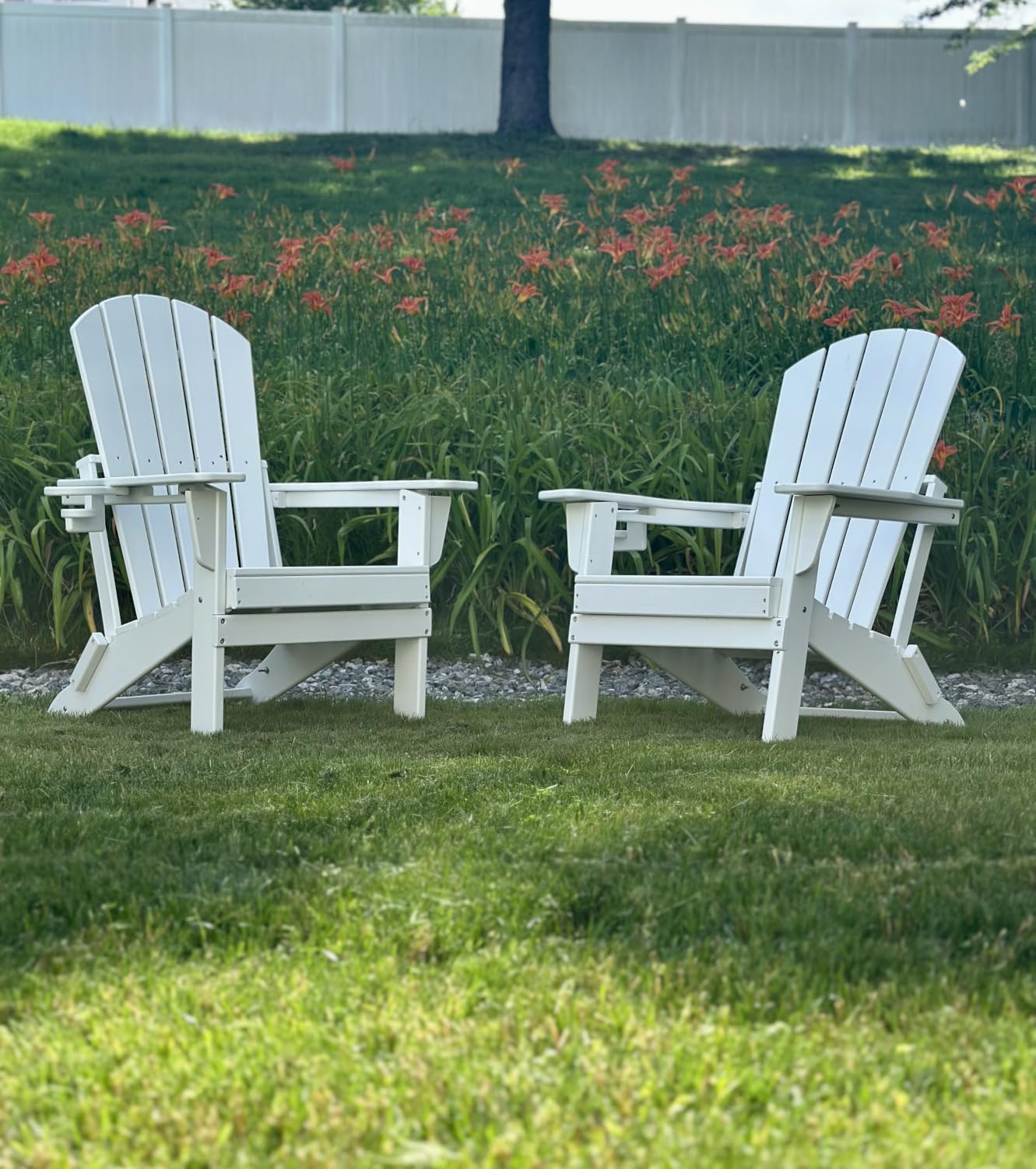 HDPE Folding Adirondack Chair Set of 2 with Cup Holder, Grey | SGS Tested, Wooden Textured, Heavy All-Weather HDPE Comfortable Set Poolside Backyard Lawn customer photo 2