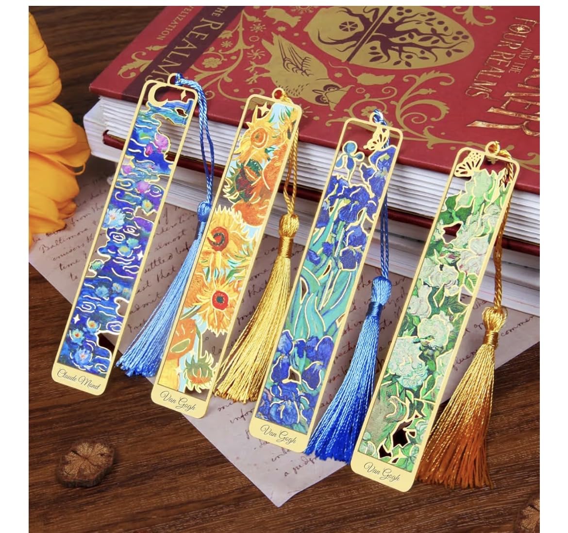 Kinsound Metal Bookmarks with Tassel, Golden Van Gogh Monet Oil Painting Theme Cute Hollow Book Markers for Reading Women, Teachers, Students, Reading Accessories Gifts for Book Lovers (Style A(4PCS)) customer photo 1