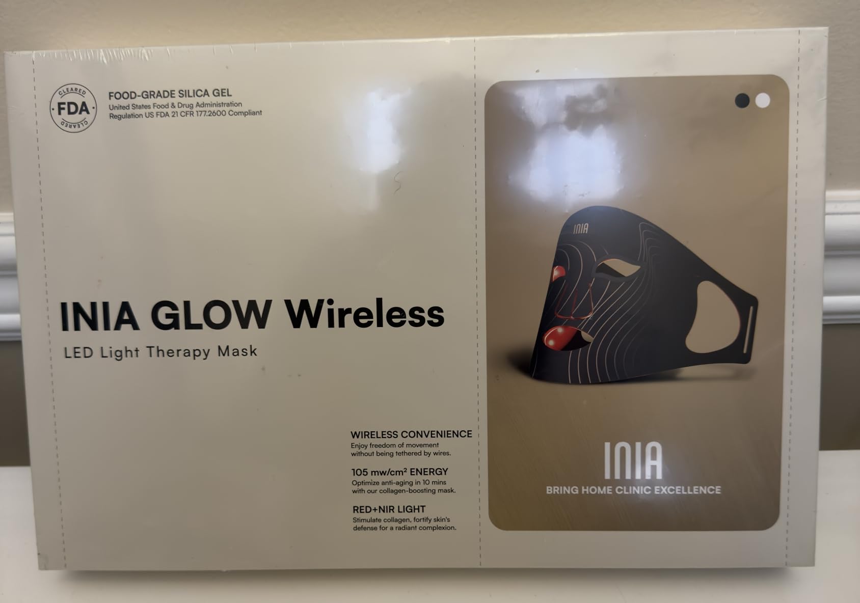 INIA GLOW Wireless Red Light Therapy Mask for Face, 850nm NIR, 272 LEDs | Cordless & Portable, Dual Magnetic Batteries, 3 Light Modes, 272 LEDs, 105mW/cm² Output, Lightweight Silicone, Home & Travel customer photo 1