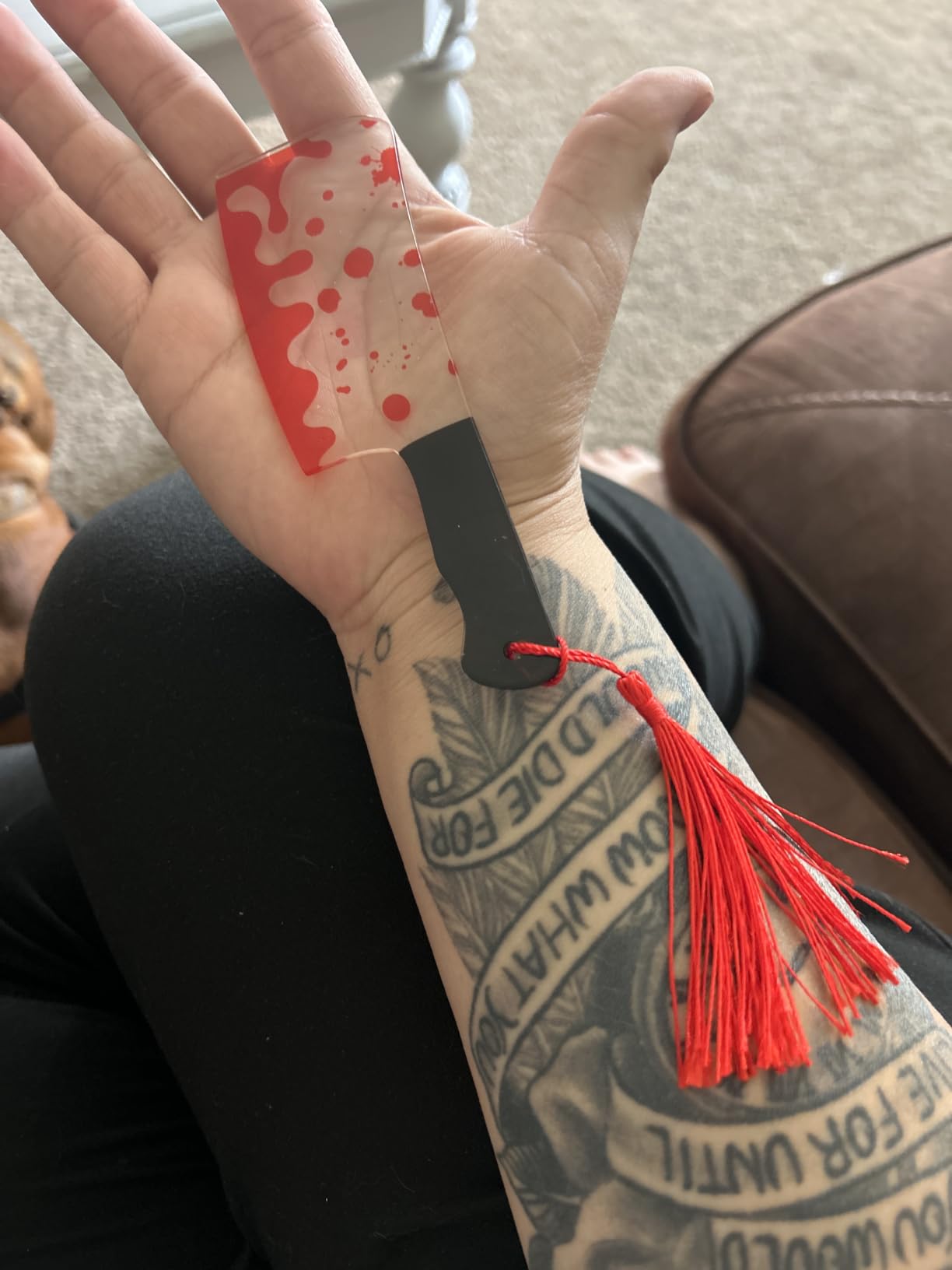 1pc Horror Novelty Bookmark - Creepy Tool Shapes with Blood Stain Design, Gothic Book Accessories for Halloween Gifts, Macabre Metal Page Holders with Red Tassels (1pc Dagger) customer photo 1