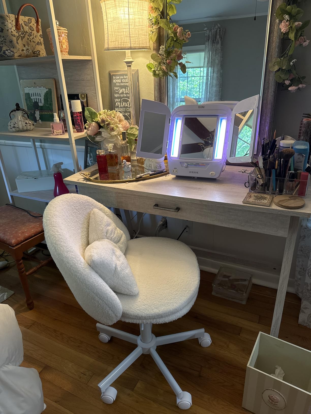 GTPLAYER Velvet Tall Office Chair with Wheels Vanity Chairs with Back, Versatile Height Use: Office to Bar Stools Small Ergonomic Comfy Armlees Computer Desk Chair with Bow Lumbar Pillow for Gift customer photo 1