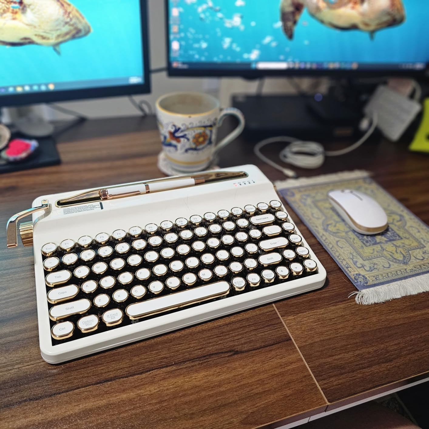 QL75 Wireless Typewriter Hot Swap Retro Mechanical Keyboard, Punk Round Keycaps, RGB Backlit QMK/VIA Programmable, Multi-Device Keyboard with 2.4GHz/Type-C/BT5.0 (Wood, Cocoa Cream V2 Switch) customer photo 1