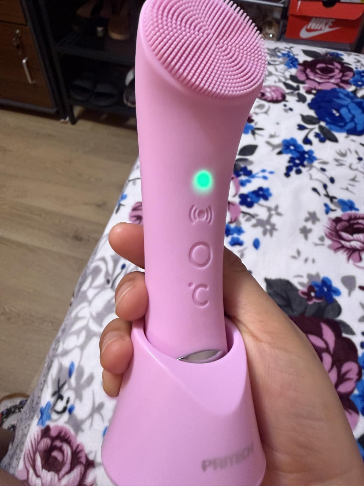 PRITECH Facial Cleansing Brush, Rechargeable Silicone Face Scrubber with Heat Massage End, Vibrating Exfoliator Scrubber for Deep Cleaning, Waterproof Face Brush for Women and Men (Black) customer photo 1