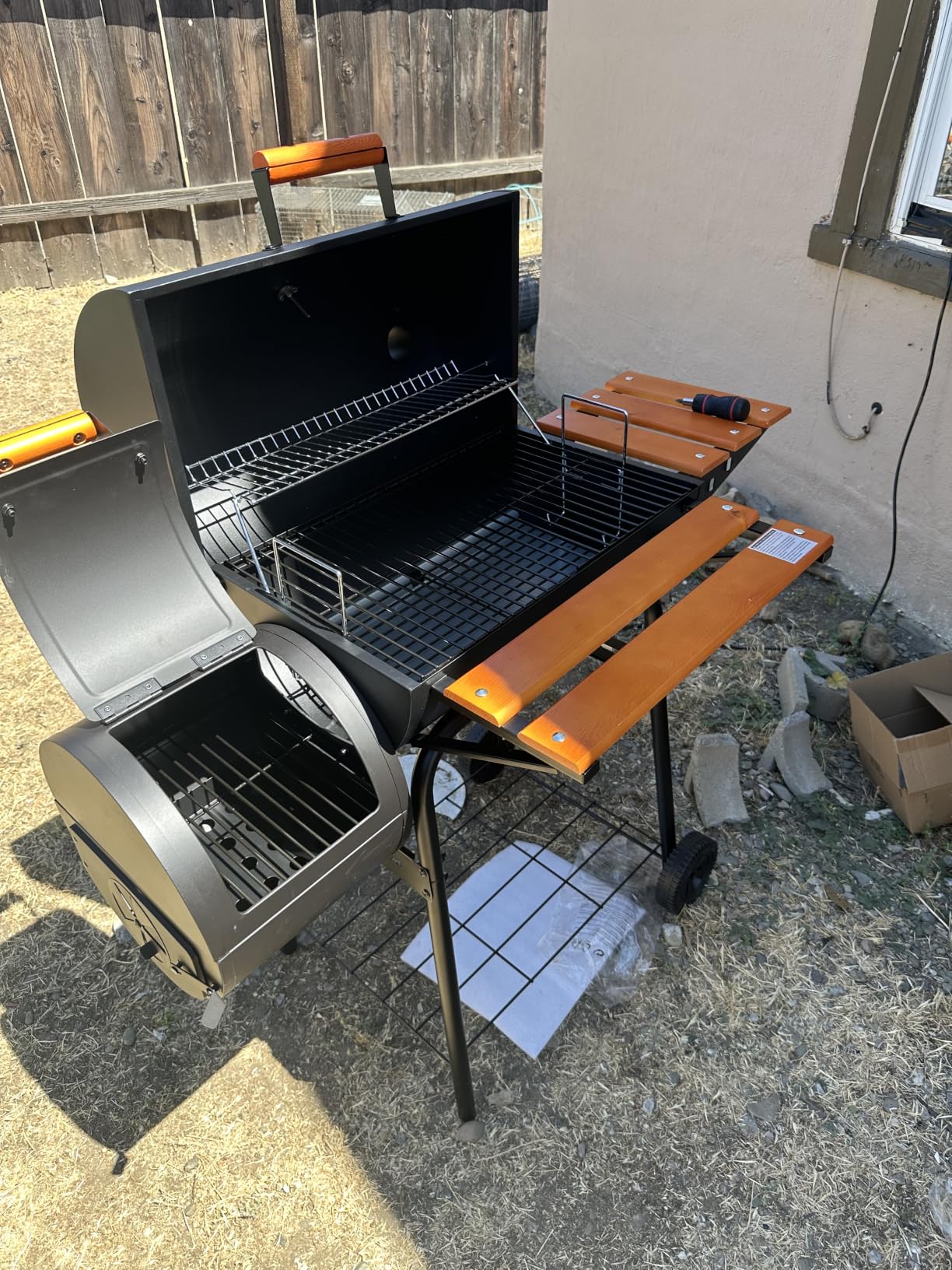 Royal Gourmet CC1624W Barrel Charcoal Grill with Offset Smoker, 552 Sq. In. | Wooden Front and Side Shelf with Hooks, Mesh Bottom Shelf, Blow-Molded Wheels, Charcoal Grill for Outdoor Grilling, Black customer photo 1