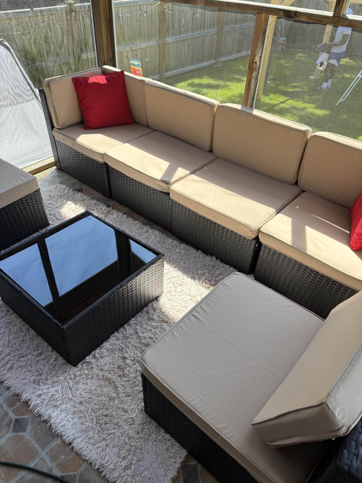 Shintenchi 7 Pieces Patio Furniture Sets Outdoor All-Weather Sectional Patio Sofa Set PE Rattan Manual Weaving Wicker Patio Conversation Set with Glass Table&Ottoman Cushion and Red Pillows, Beige customer photo 1