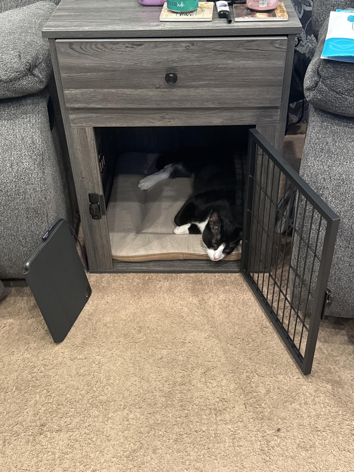 Dog Crate Furniture with Cushion and Charging Station for Indoor | With Dog Bed, Silent Storage Drawers, Breeds 1