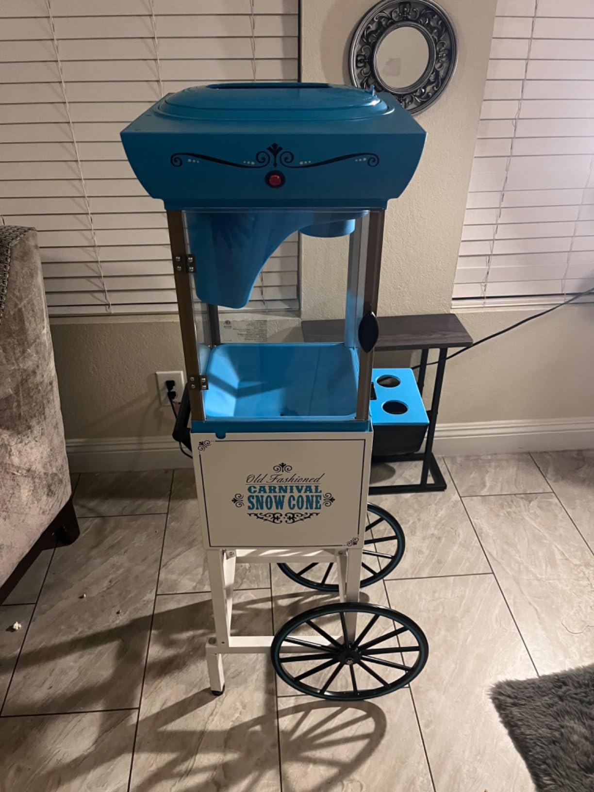 Nostalgia Snow Cone Shaved Ice Machine - Retro Cart Slushie Machine Makes 72 Icy Treats - Includes Metal Scoop, 2 Syrup Bottles, 100 Paper Cups/Spoons, Storage Compartment, Wheels - Blue, 54