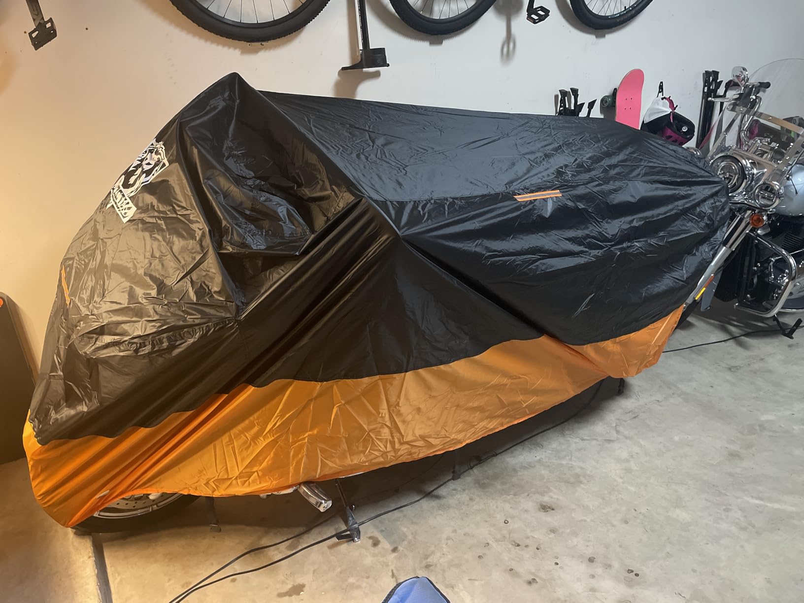 XYZCTEM Motorcycle Cover - All Season Waterproof Outdoor Protection | Fits up to 104 Inch Tour Bikes, Choppers and Cruisers - Protect Against Dust, Debris, Rain and Weather (Black & Orange) customer photo 1