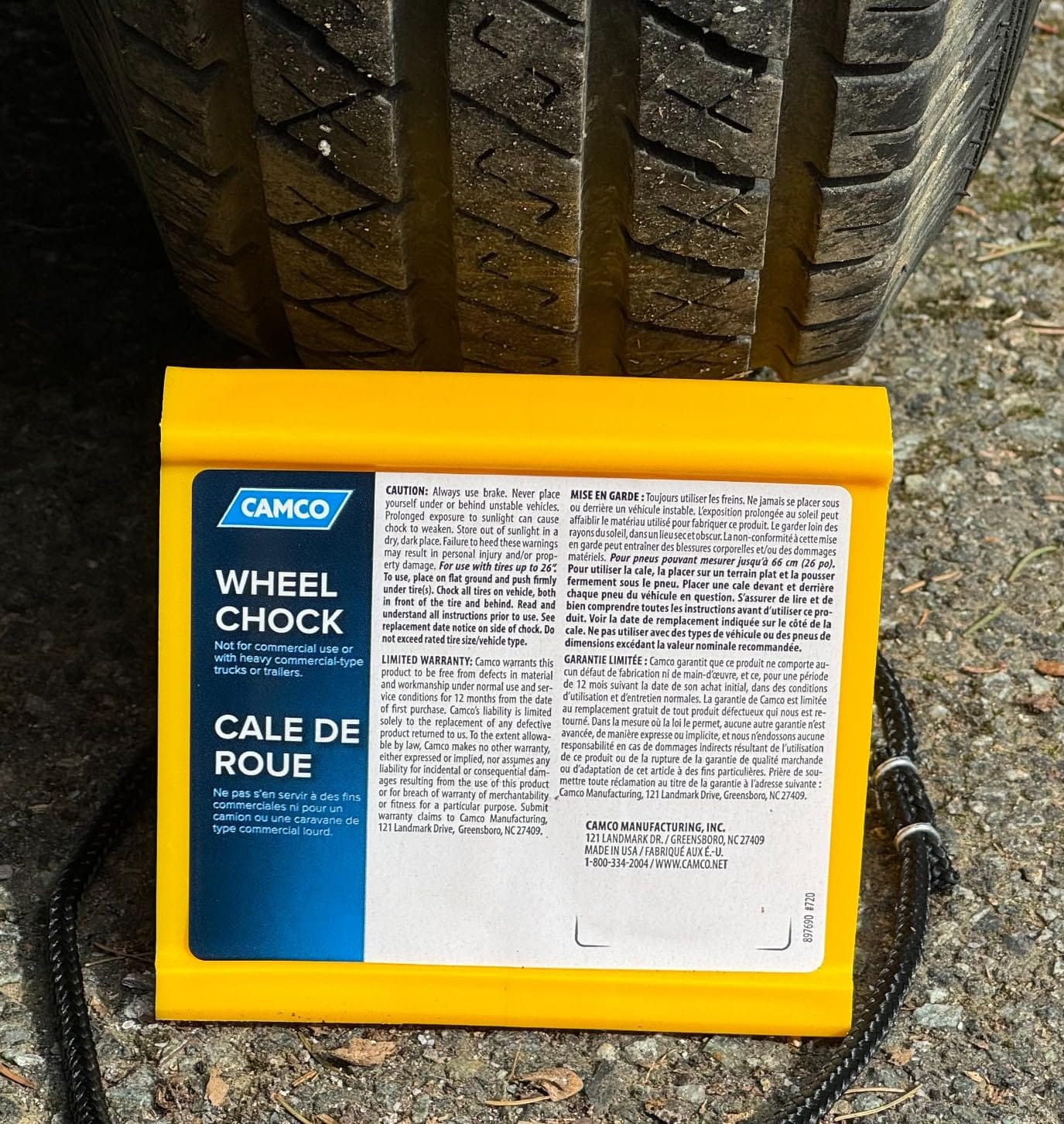 Camco RV Wheel Chocks with Rope - 2-Pack - Made in the USA | Keeps Trailer in-Place to Safely Unhitch - Compatible w/ Wheels Up to 26