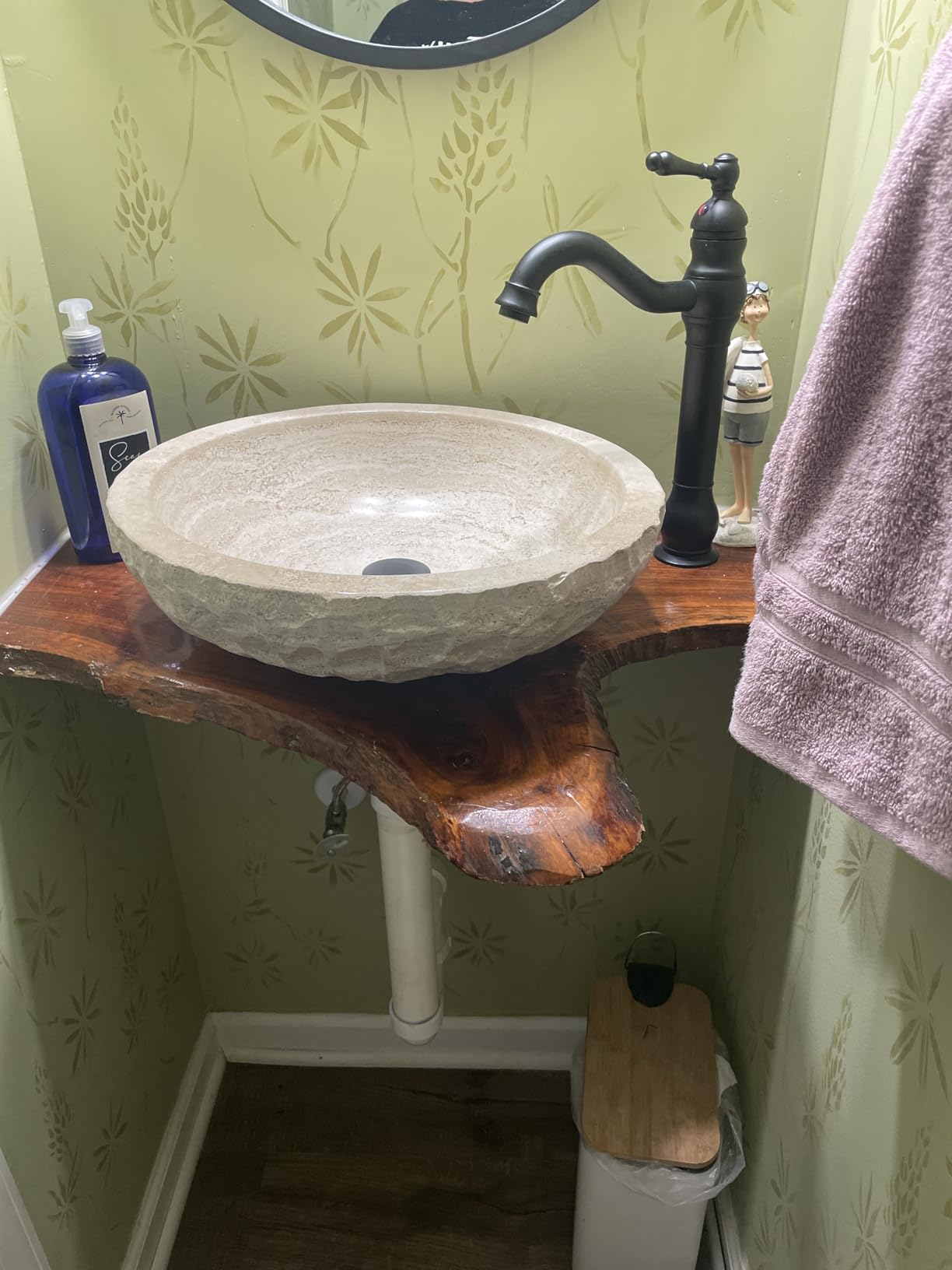 Oval Travertine Vessel Sink - Natural Stone Wash Basin, Hand-Carved Bathroom Sink with Chiseled Exterior & Polished Interior, Above Counter Vanity Basin (Includes Matching Soap Tray) customer photo 1