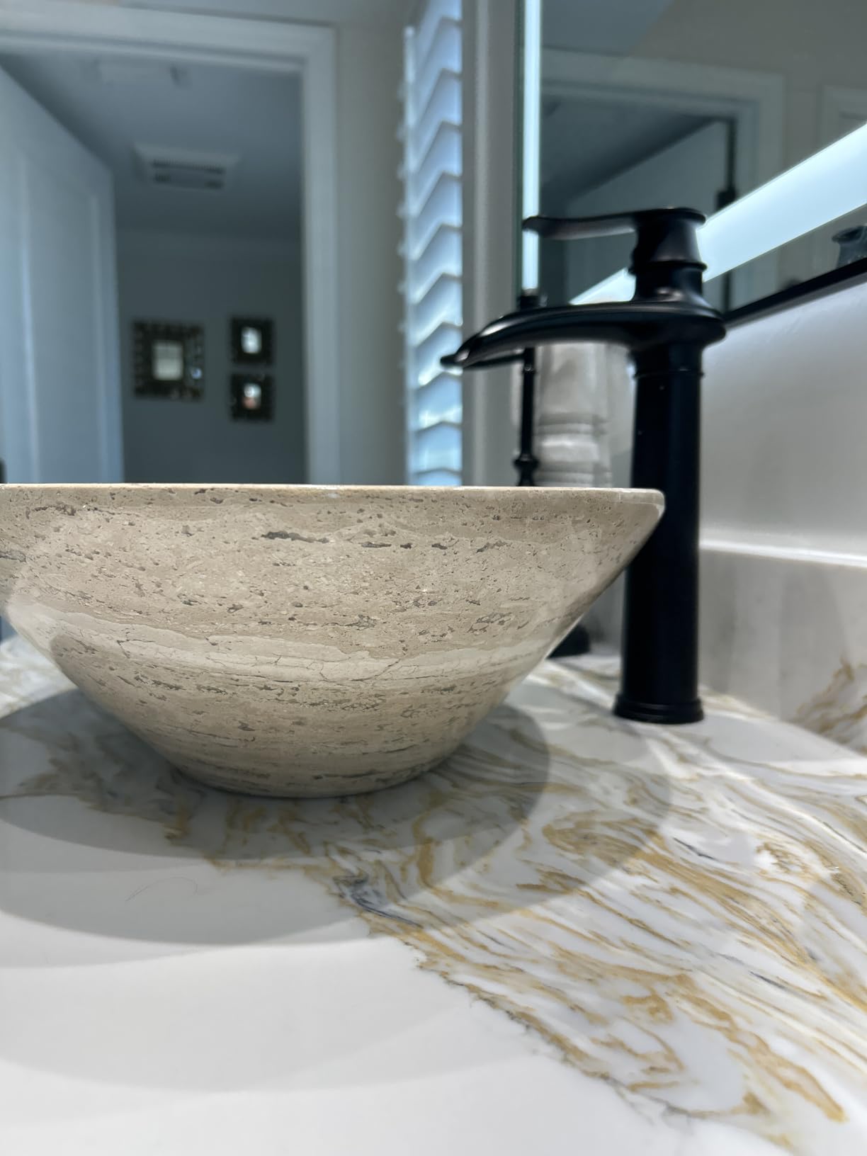 Oval Travertine Vessel Sink - Natural Stone Wash Basin, Hand-Carved Bathroom Sink with Chiseled Exterior & Polished Interior, Above Counter Vanity Basin (Includes Matching Soap Tray) customer photo 2