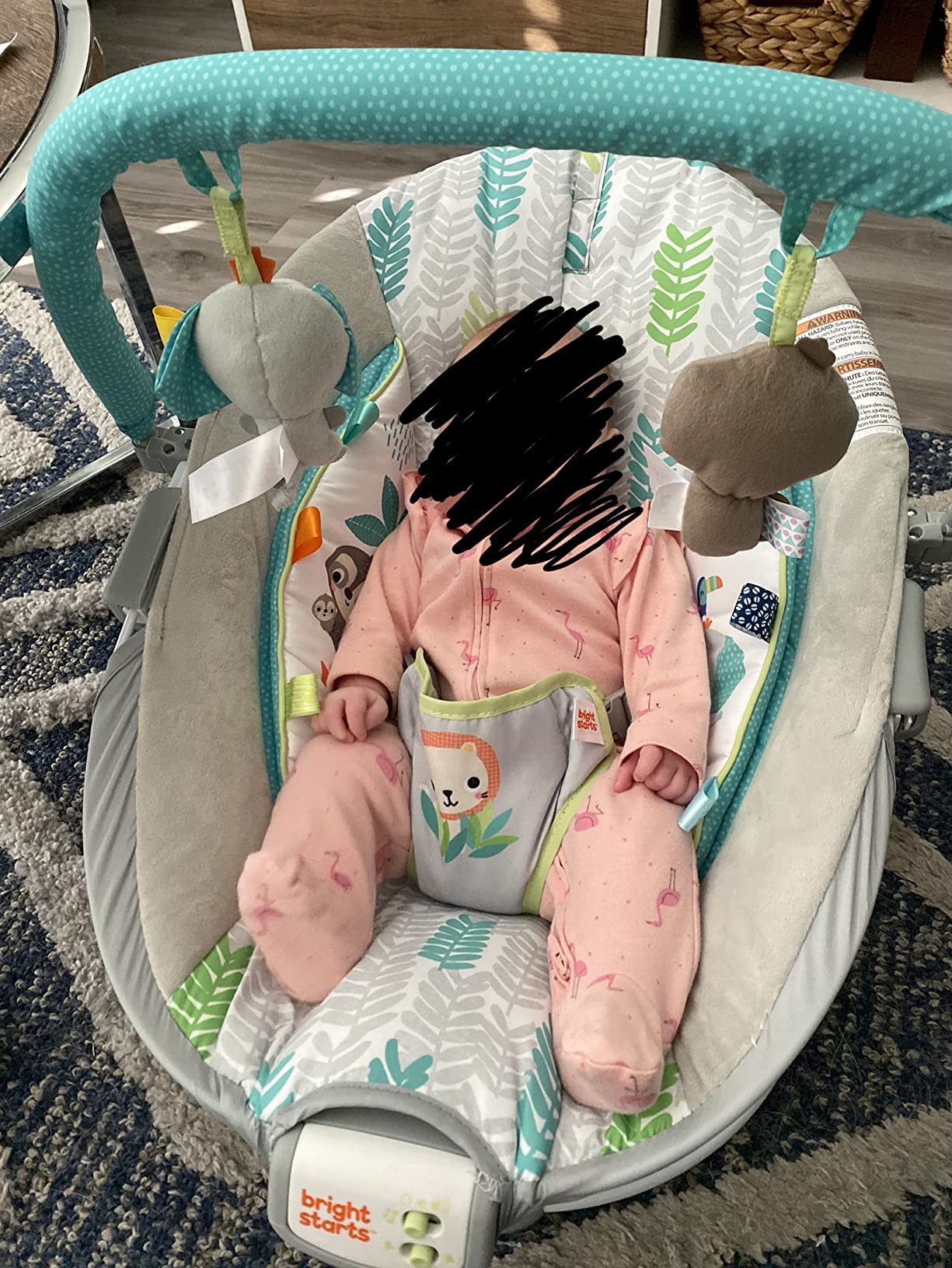 Bright Starts Comfy Baby Bouncer Soothing Vibrations Infant Seat - Taggies, Music, Removable Toy Bar, 0-6 Months Up to 20 lbs (Whimsical Wild) customer photo 2