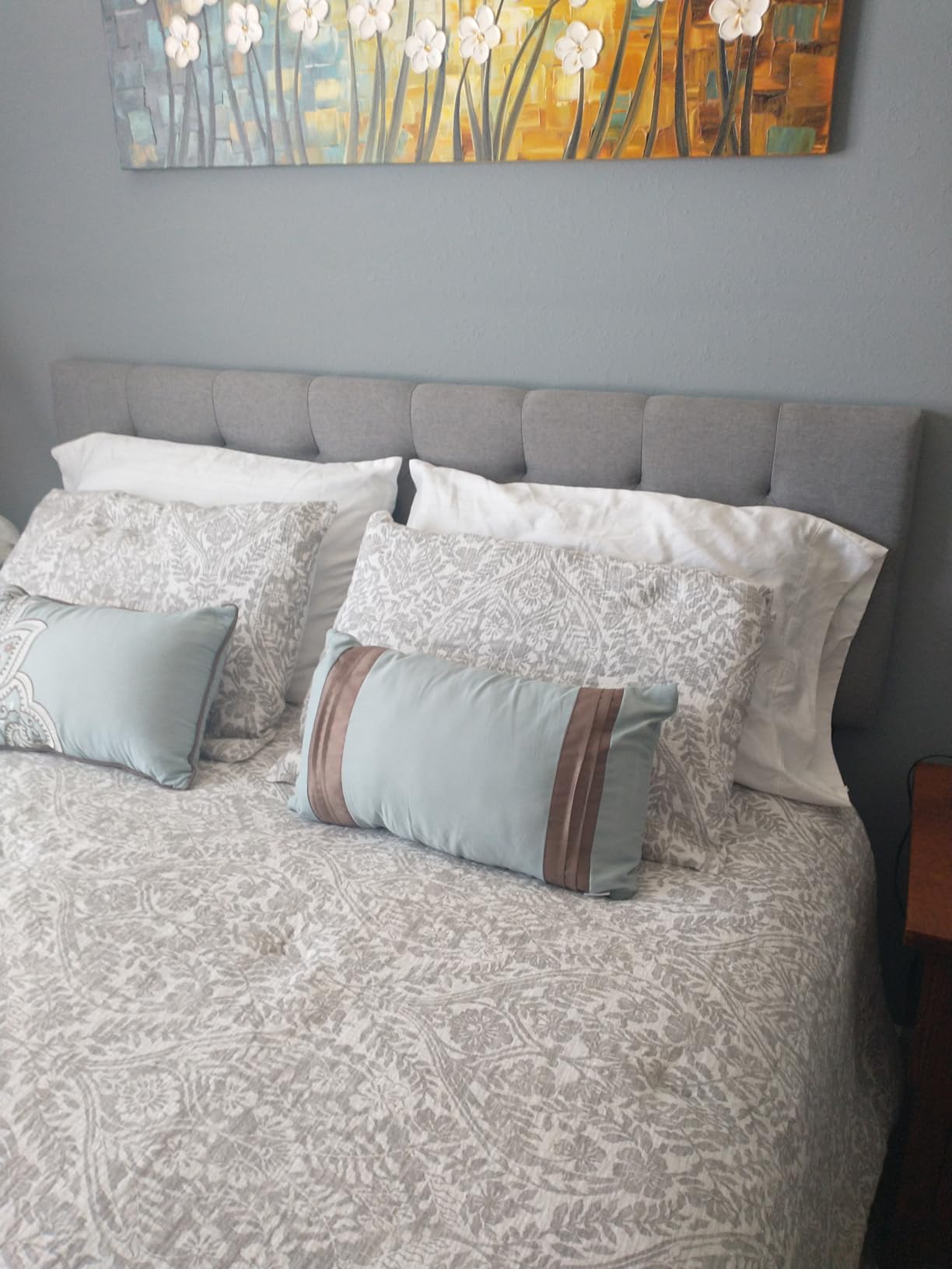 Lucid Mid-Rise Upholstered Headboard - Diamond Tufted - Padded Polyester - Adjustable Height from 34” to 46” - Easy Assembly - Bed Frame or Wall Mount - Sturdy - Stone - King / Cal King Size customer photo 1