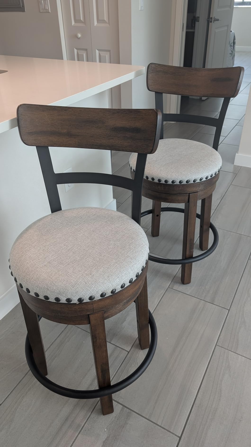 Signature Design by Ashley Valebeck Counter Height Bar Stool, Brown | Rustic-industrial wood and metal stool, Cushioned comfort, Tailored nailhead trim, Smooth 360-degree swivel customer photo 2