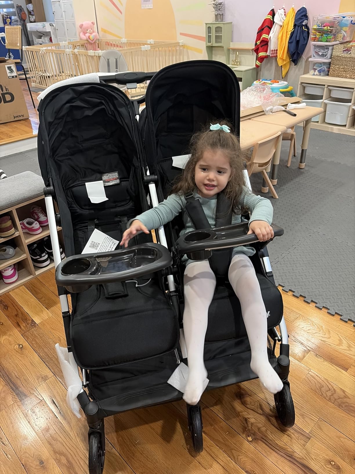 Joovy Kooper X2 Double Stroller, Lightweight Travel Stroller, Compact Fold with Tray, Olive | Side-by-Side Seats, Adjustable Leg Rests, Big Wheels for Smooth Ride, Snack Trays, Storage Pockets, Easy One-Handed Fold customer photo 1
