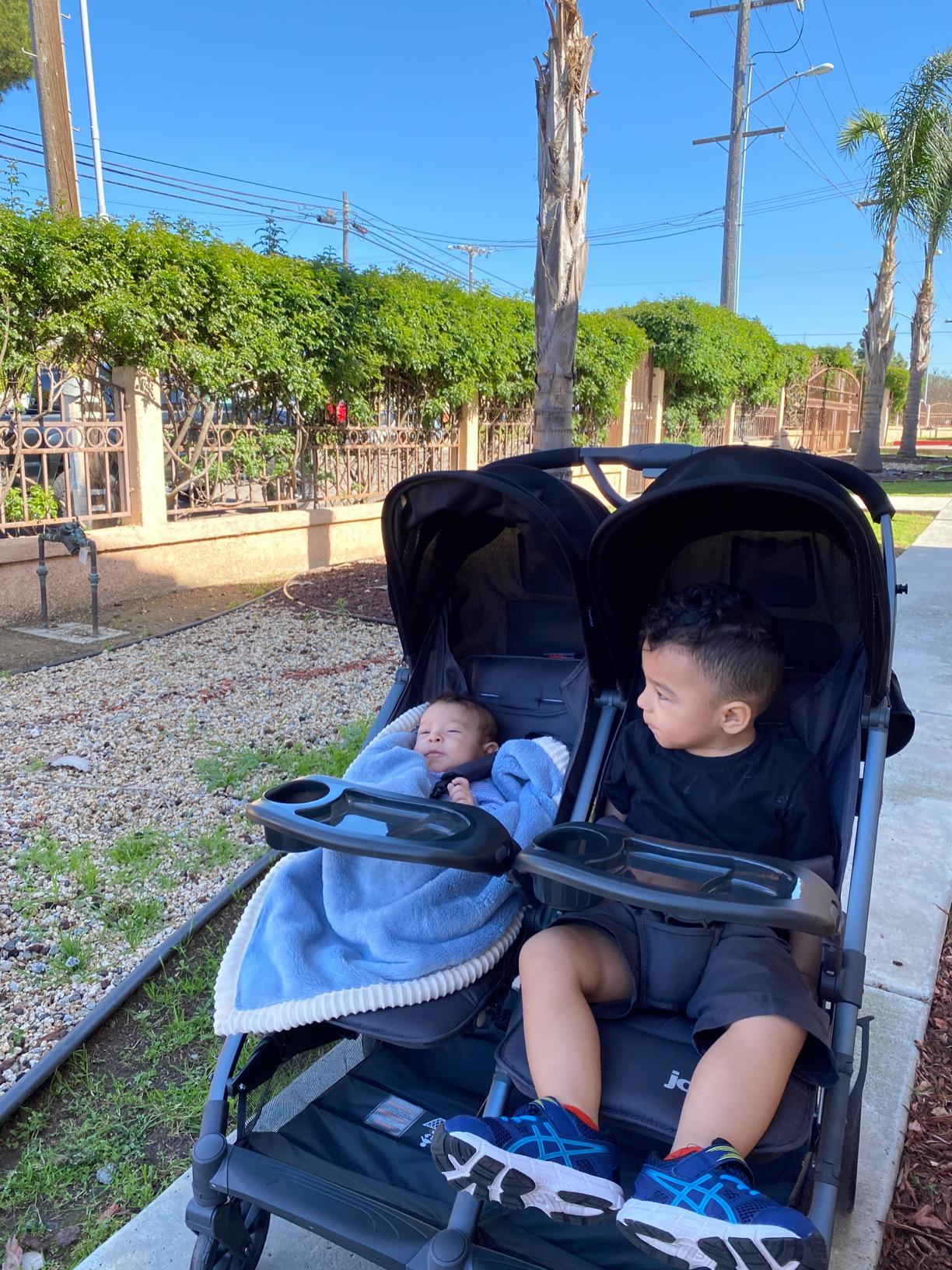 Joovy Kooper X2 Double Stroller, Lightweight Travel Stroller, Compact Fold with Tray, Olive | Side-by-Side Seats, Adjustable Leg Rests, Big Wheels for Smooth Ride, Snack Trays, Storage Pockets, Easy One-Handed Fold customer photo 2