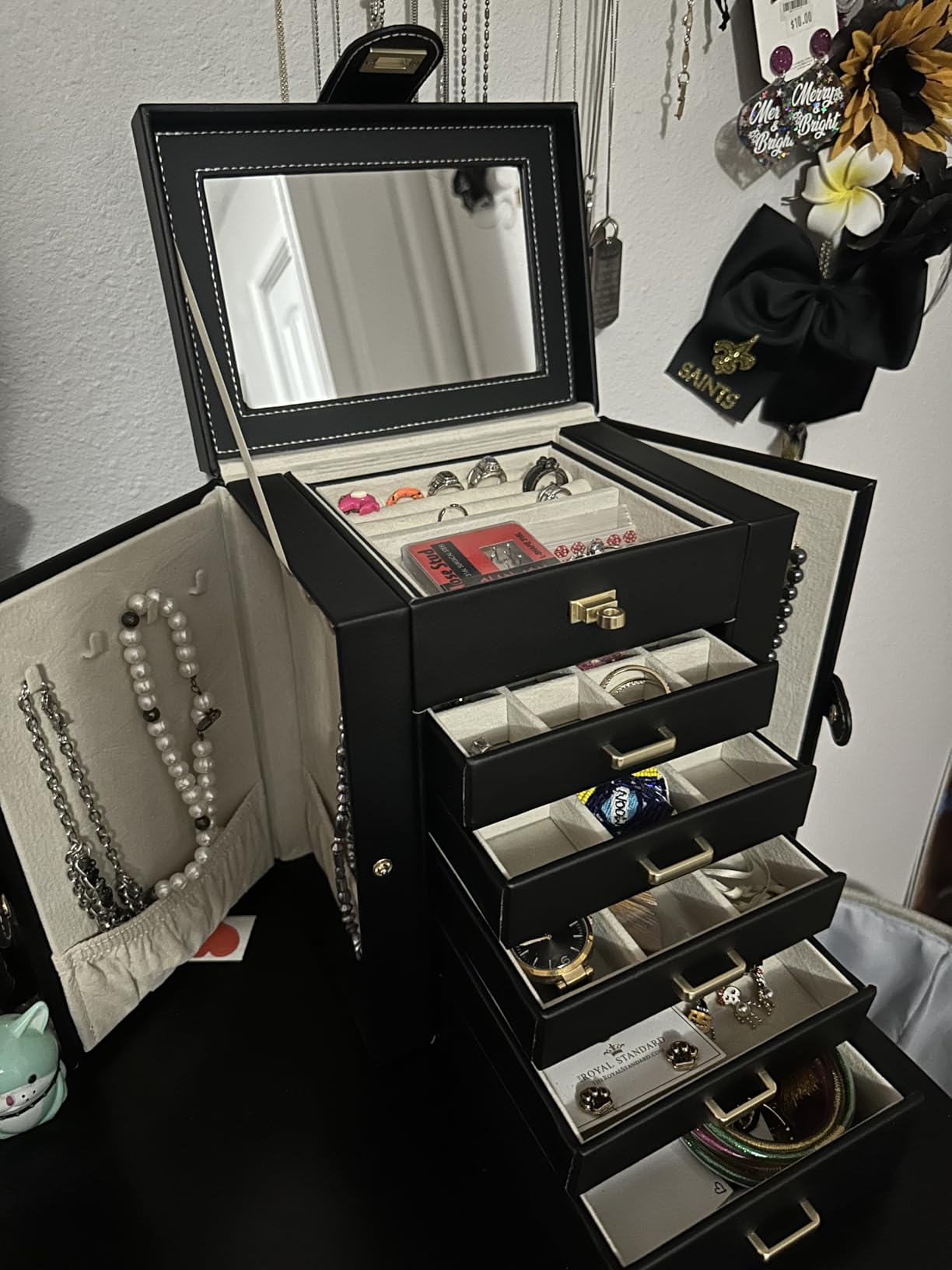 AKOZLIN 6-Tier Jewelry Box Organizer Functional 5 Drawers Leather Jewelry Storage Case for Women Girls Ring Necklace Earring Bracelet Holder Organizer with Mirror Extra Large Black customer photo 2