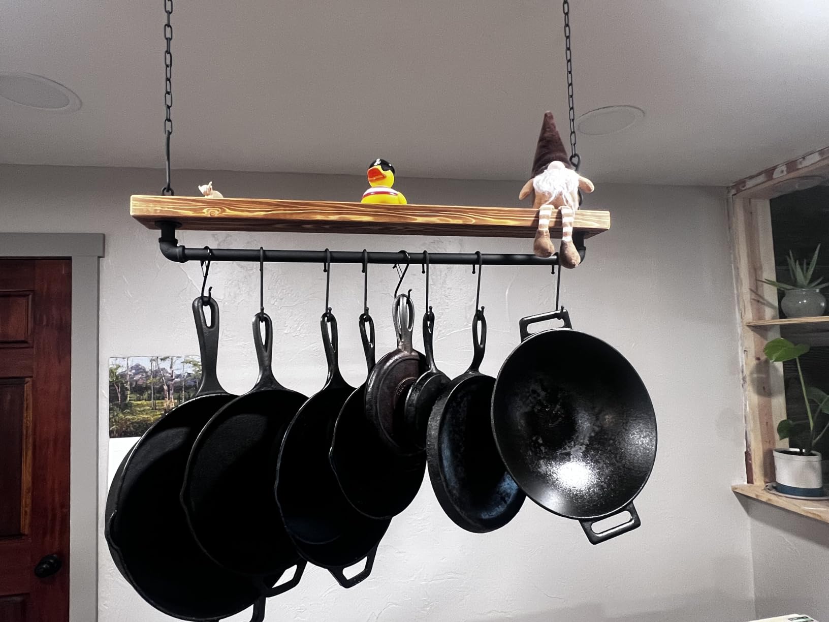 MyGift 30 Inch Ceiling or Wall Mounted Pot Rack with Rustic Brown Solid Wood Shelf and Industrial Matte Black Metal Pipe, Hanging Cookware Utensils Organizer with 8 S-Hooks customer photo 1