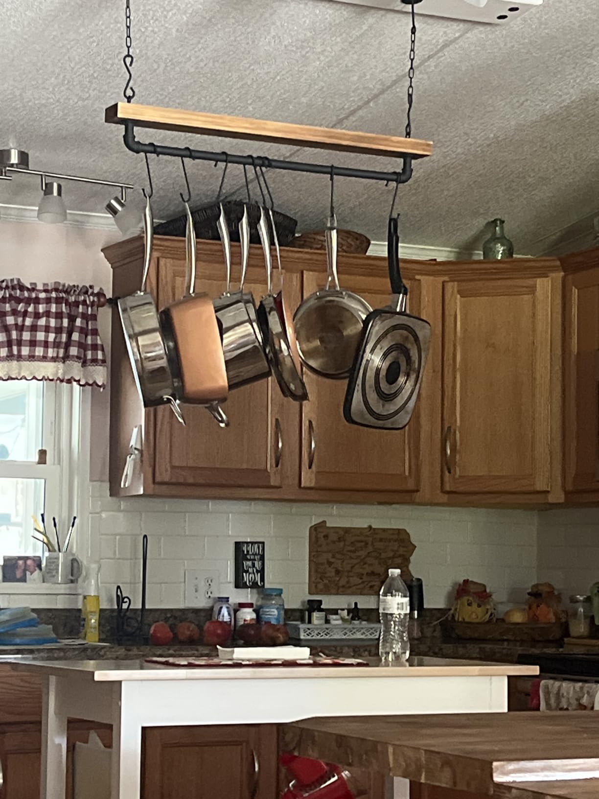 MyGift 30 Inch Ceiling or Wall Mounted Pot Rack with Rustic Brown Solid Wood Shelf and Industrial Matte Black Metal Pipe, Hanging Cookware Utensils Organizer with 8 S-Hooks customer photo 2