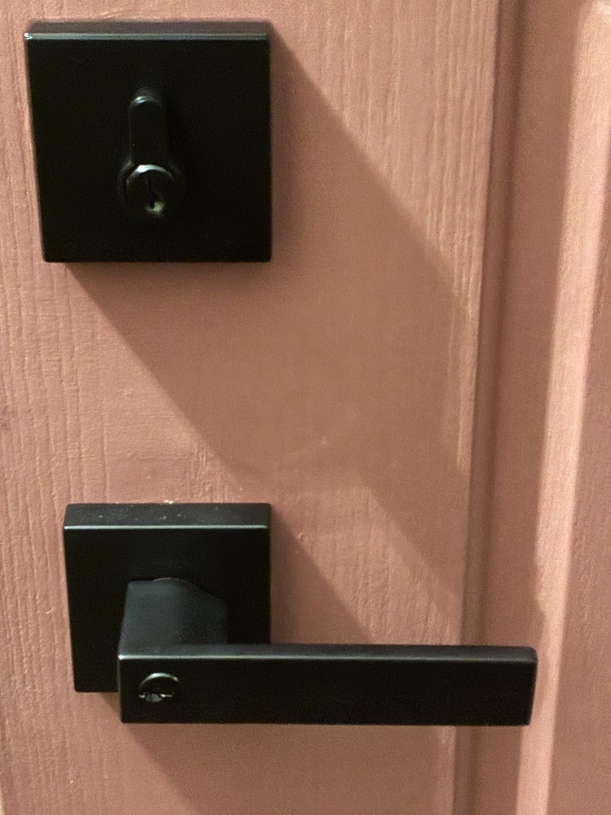 Probrico Square Entry Levers and Single Cylinder Deadbolts Combo Pack, Flat Black Keyed Alike Heavy Duty Keyed Entry Handles Locksets Reversible for Right and Left Side, 2 Pack(All Same Keys) customer photo 2