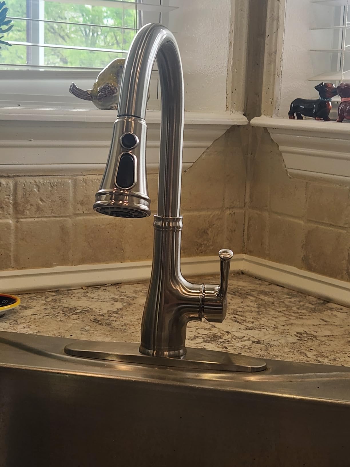 WEWE Vintage Kitchen Faucet with Pull Down Sprayer, Stainless Steel 1 or 3 Hole High Arc Single Handle Antique Sink Faucet for Classic Modern Ktichen, Brushed Nickel Bar & Prep Sinks customer photo 2