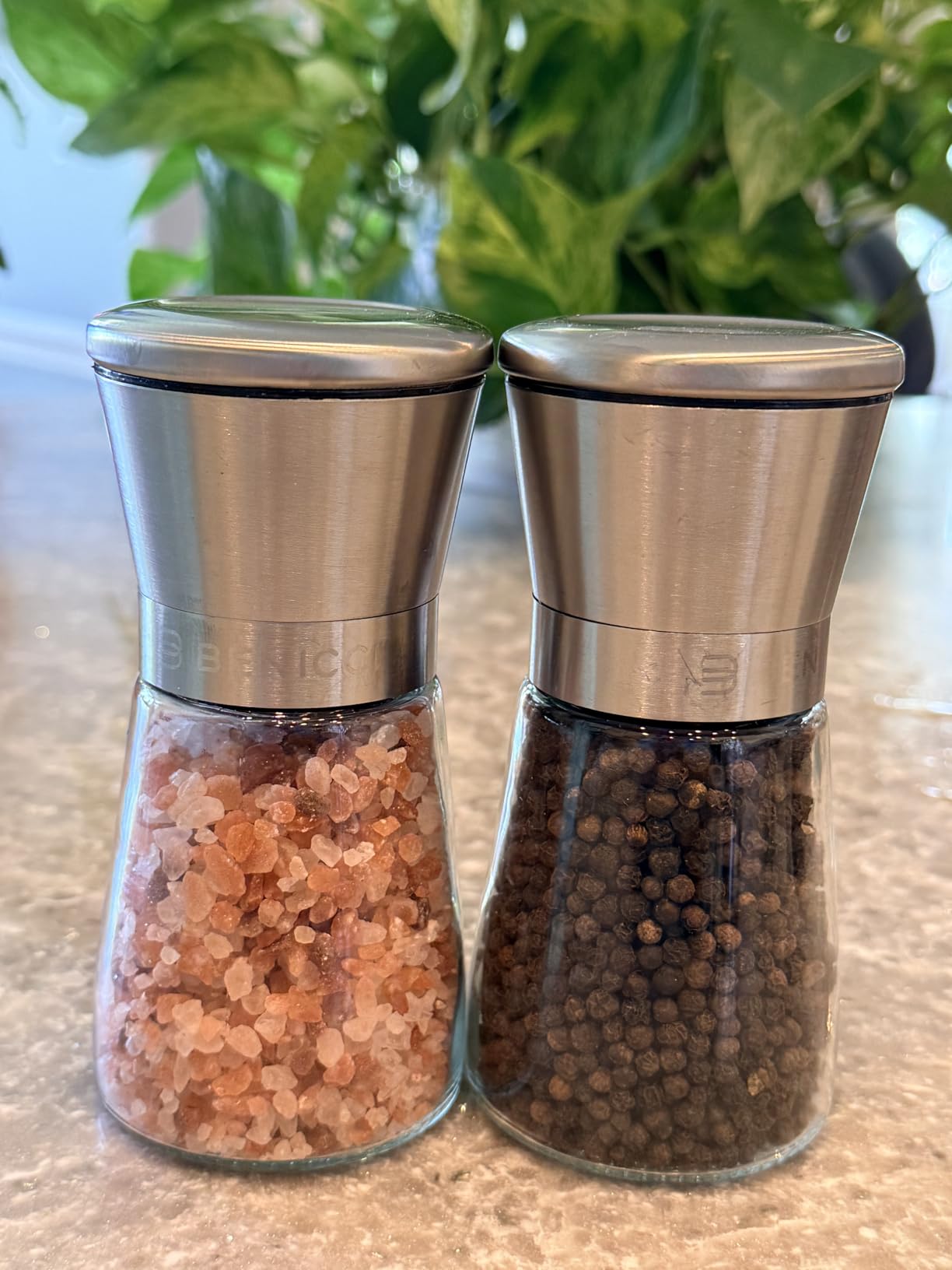 Manual Salt and Pepper Grinder Set of 2, 5 oz Refillable Ceramic Mills | Stainless Steel Grinders, Five Coarseness Levels for Peppercorns, Herbs and Spices, No Batteries, With Wooden Spoon and Brush customer photo 1