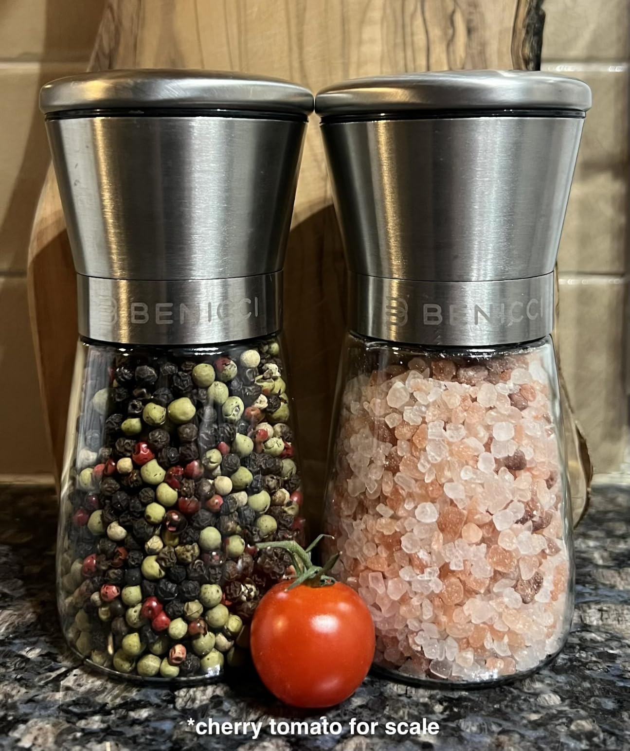 Manual Salt and Pepper Grinder Set of 2, 5 oz Refillable Ceramic Mills | Stainless Steel Grinders, Five Coarseness Levels for Peppercorns, Herbs and Spices, No Batteries, With Wooden Spoon and Brush customer photo 2