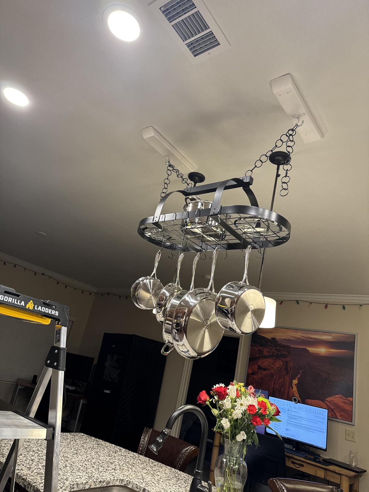 KES Ceiling Pot Rack 34-Inch Hanging Pot Rack for Kitchen Oval Pot and Pan Rack Matte Black Pot Hanger with 20 S Hooks customer photo 1