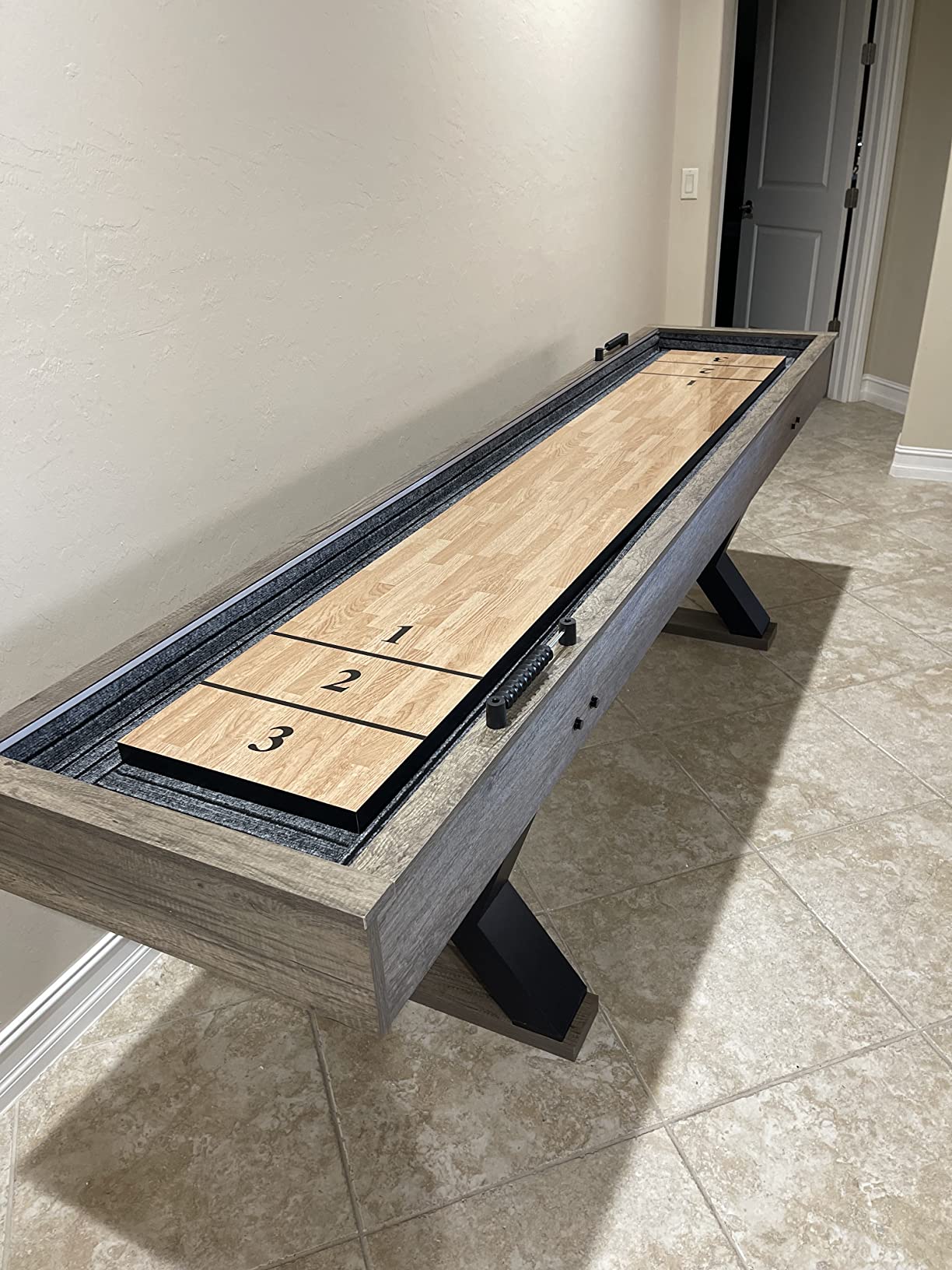 American Legend Kirkwood 9' Shuffleboard Table with LED Rails, Bowling Game Set, Rustic Wood Finish & Accessories Included customer photo 2
