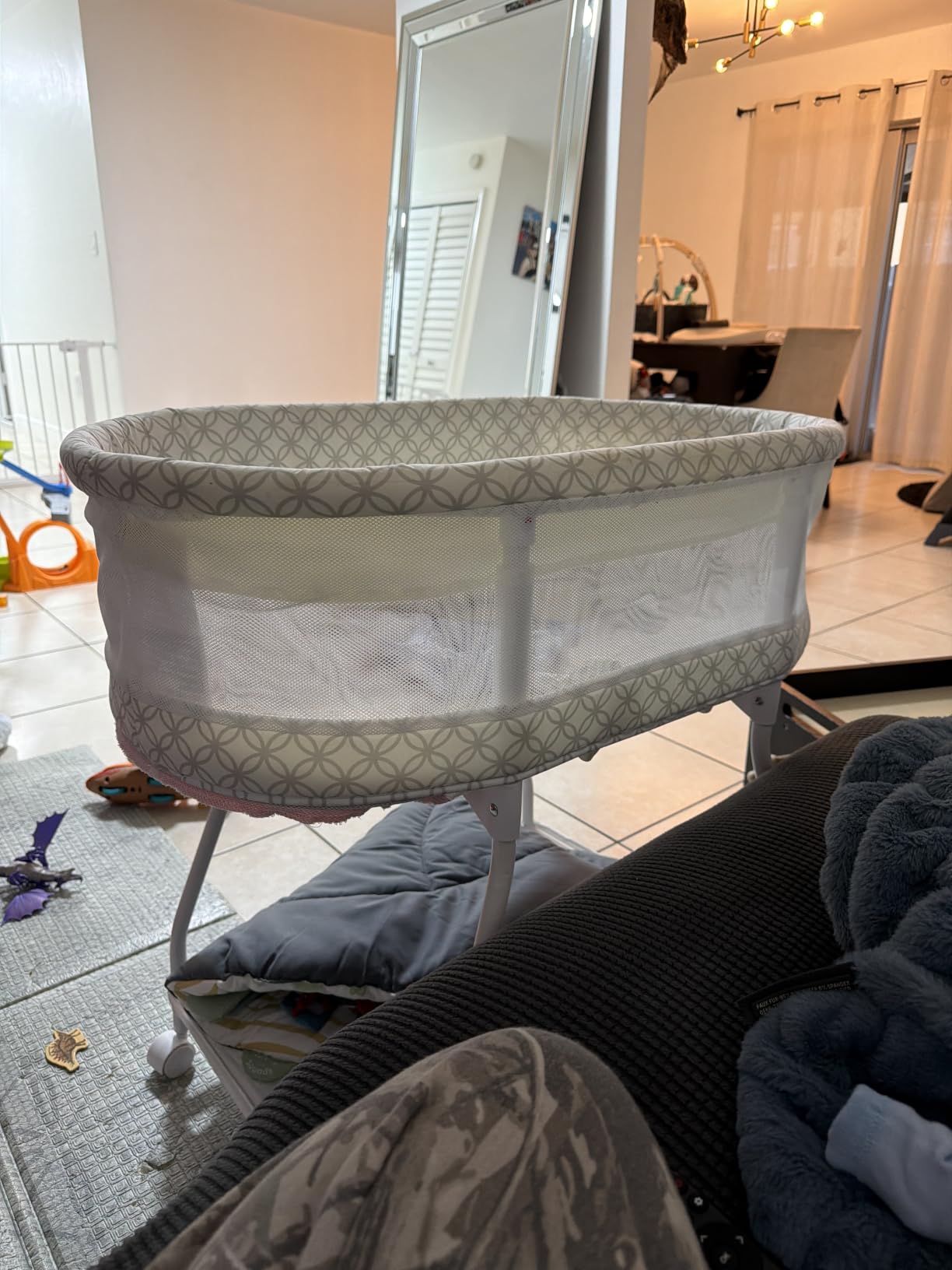 Delta Children Sweet Dreams Bassinet with Airflow Mesh Bedside Portable Crib with Vibration Lights and Music, Grey Infinity customer photo 2