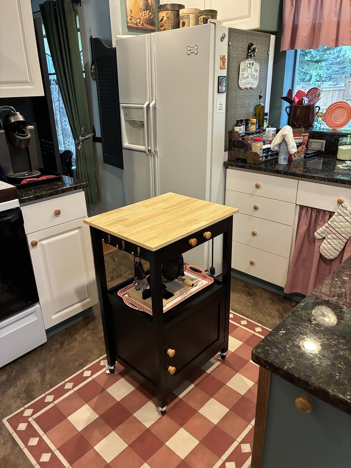 Yaheetech Kitchen Island Cart with Storage, Rolling Kitchen Island on Wheels with 6 Side Hooks, Wood Top Microwave Cart with Drawer for Dining Room, Black customer photo 2