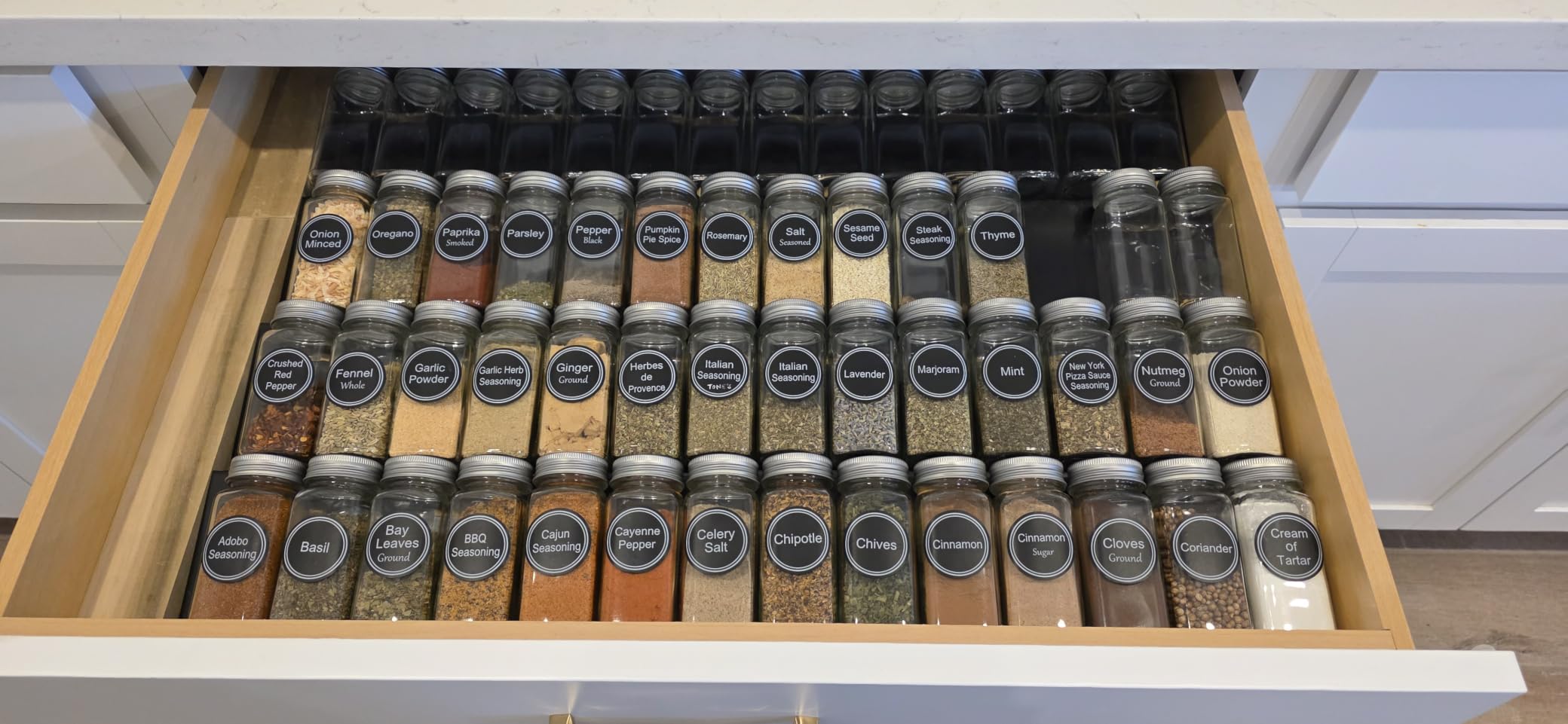 SpaceAid Spice Drawer Organizer with 28 Spice Jars, 386 Spice Labels, 4 Tier Seasoning Rack Tray Insert for Kitchen Drawers, 13