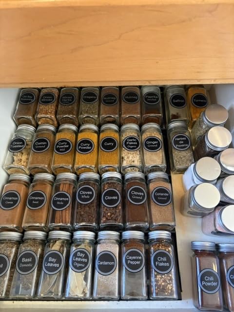 SpaceAid Spice Drawer Organizer with 28 Spice Jars, 386 Spice Labels, 4 Tier Seasoning Rack Tray Insert for Kitchen Drawers, 13