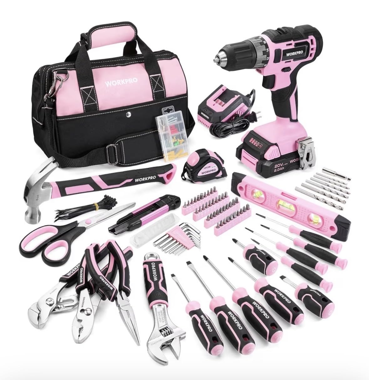 WORKPRO Home Tool Set with 20V Cordless Lithium-Ion Drill Driver, Household Repairing Tool Kit with Drill, 157PCS Power Drill Sets, 14-Inch Wide Mouth Storage Tool Bag, Green customer photo 1