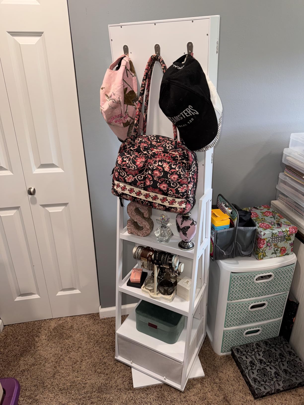 360° Swivel Jewelry Cabinet with Lights, Touch Screen Vanity Mirror, Rotatable Full Length Mirror with Jewelry Storage, Standing Jewelry Armoire Organizer, Foldable Makeup Shelf, White with Grain customer photo 1