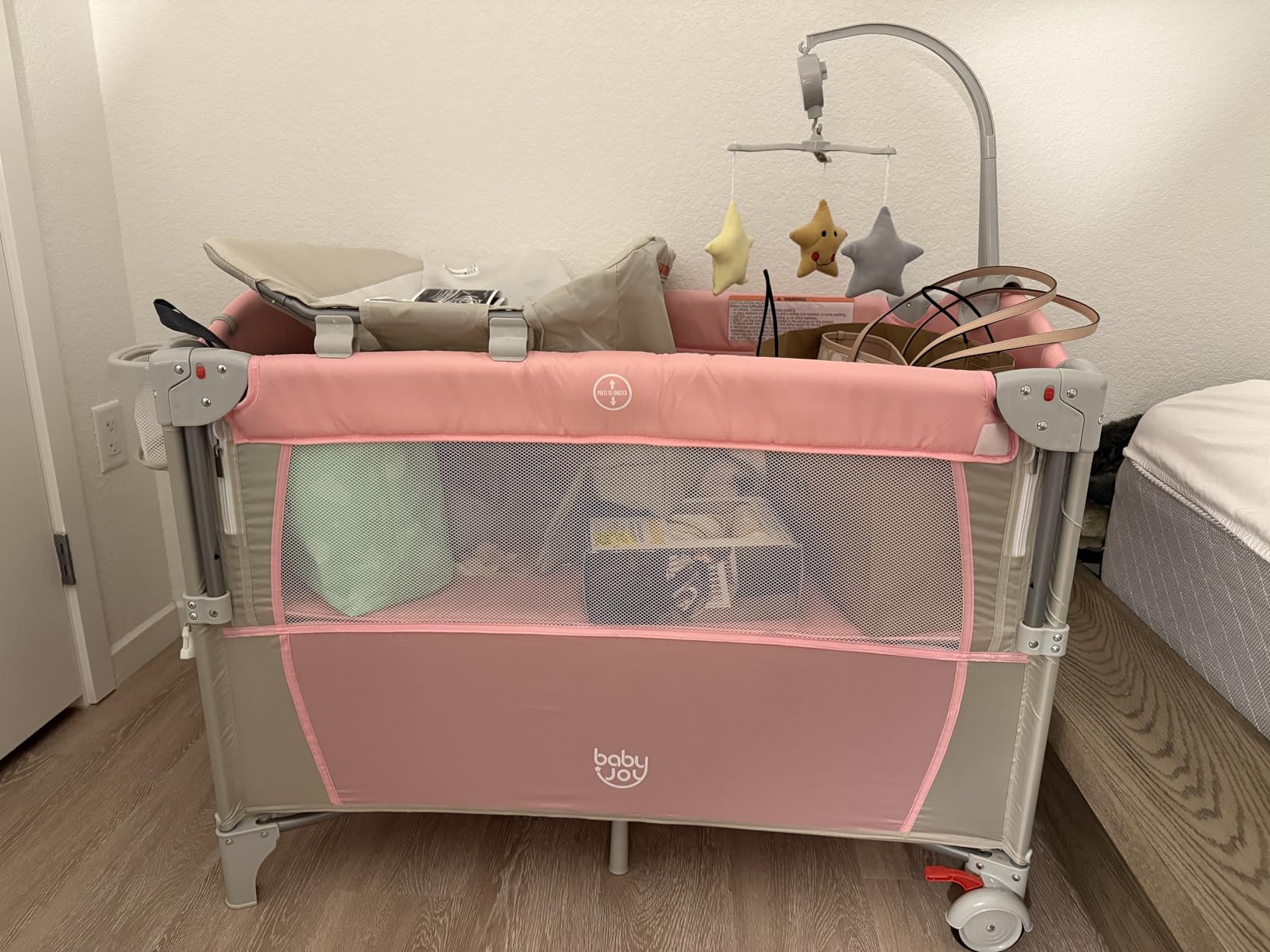 BABY JOY 5-in-1 Pack and Play, Portable Baby Bedside Sleeper with Bassinet, U-Shaped Diaper Changer, Safety Strap, Side Zipper Entrance, Foldable Bedside Crib Playard for Newborn to Toddlers (Gray) customer photo 1