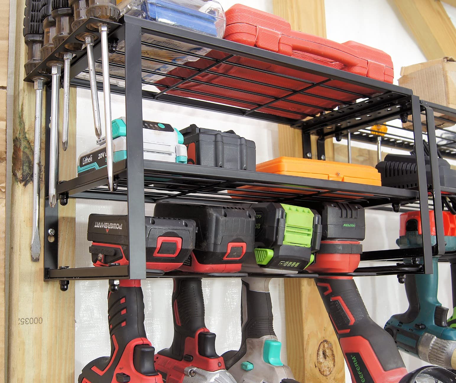 SPACECARE Power Tool Organizer - 1 Pack 3 Layers Rack for 4 Drill Holders | Heavy Duty Tool Shelf Durable Wall Mount Tool Storage Rack for Work Shop, Garage Organization, 150Lbs Load Capacity, Black customer photo 1